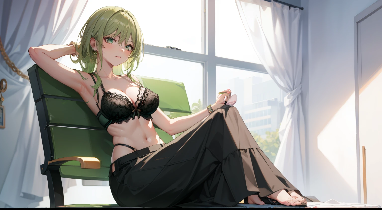 Best quality, green hair, small ???????, cleavage, navel, t-shirt, ((bra)),clothes lift, skirt, lying, full Body, perfect body ,sitting, armpit