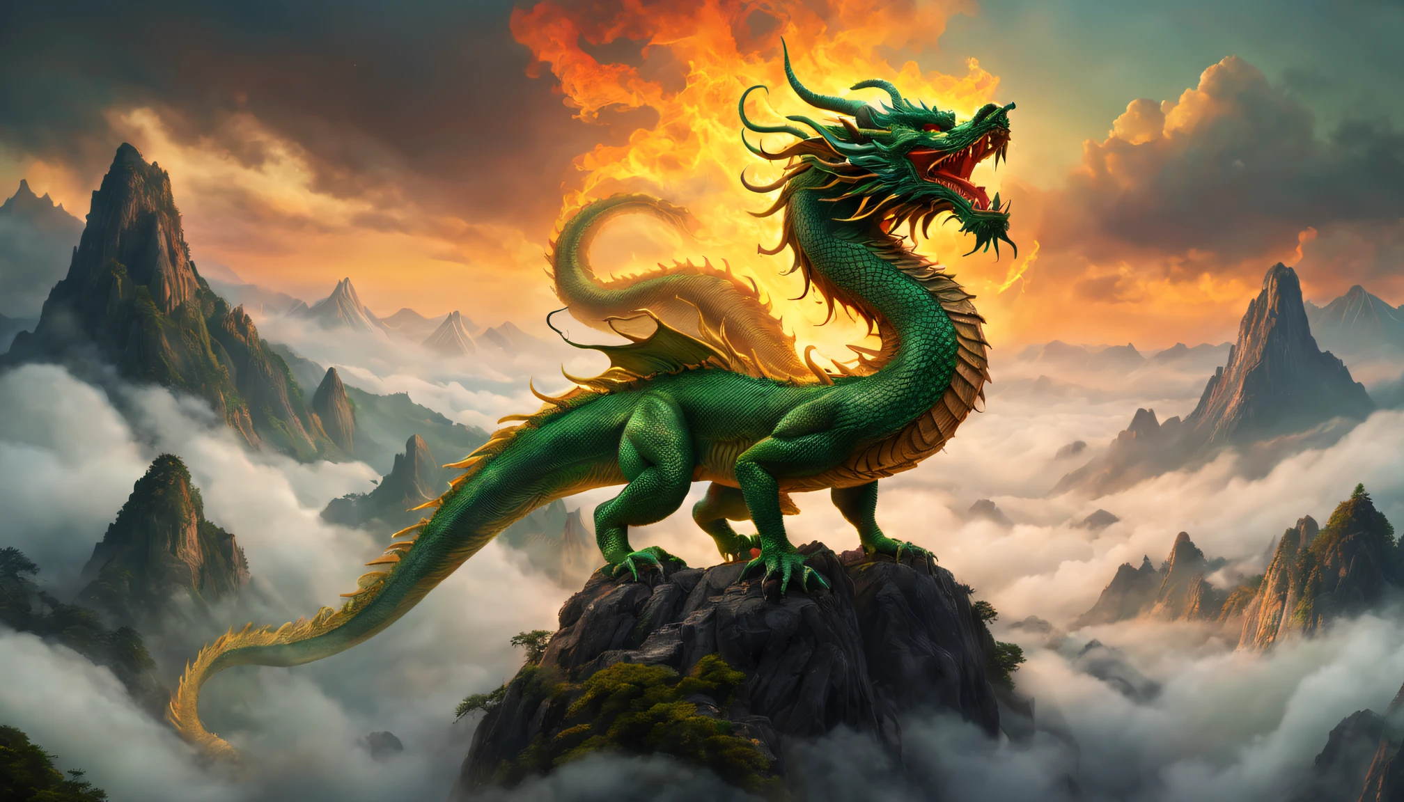 （nice，4K，8K，tall house，masterpiece：1.2），ultradetailed，realistically，A green Chinese dragon，Curved body，Long beard，flaming eye，imperial scale，sharp clawed breath，Curly and powerful dragon tail，mountain peaks，Surrounded by mist，Vivid colors and intricate details，illuminated by soft golden light