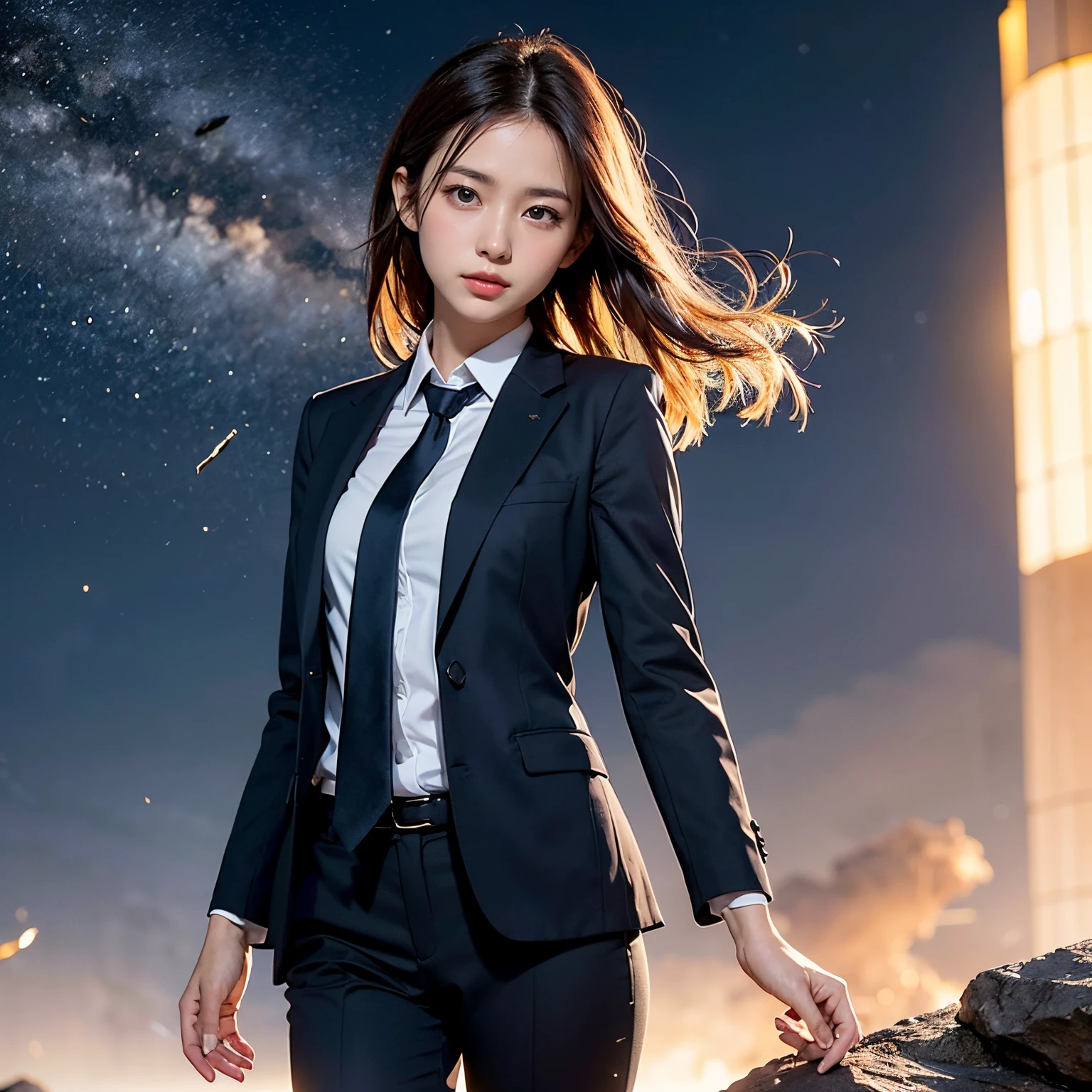 (masutepiece, Best Quality:1.2), 8K, Official art, Wearing a suit、Five Fingers Photos&#39;Body of, full body Esbian、Lightning from a wand、Suit Beauty、Big Dipper in the background、star explosion、Beautiful barefoot woman with dark hair, hold a flame in your right hand、i#39;i&#39;I&#39;m holding a snowstorm in my left hand、Bright lava light rises above the broken Earth from beneath the asteroid belt(Jagged rock rocks and fragments shot into the air:1.3) (Storm of windy dust debris:1.1) Volume fogmist by trace Z、It can allow bright light from below to pass through、 (​masterpiece) (top-quality) (detaileds) (8K) (电影灯光) (foco nítido) (Convoluted)A dark-haired、14years、small tits、A delightful、A smile、unbelievable Ridiculous, (a beauty girl, Pretty Face, arching back down, Gold hair ornament on hair、Wearing a cute suit、close up, Wearing a suit, Short sleeve, gardenia, violaceaess, spaces , Looking at Viewer, Film grain, chromatic abberation, Sharp Focus, face lights, Dynamic lighting, Cinematic lighting, Eyes and faces with detailed, Bokeh background, (Tie with Emma written on it、1 copy:1.2)