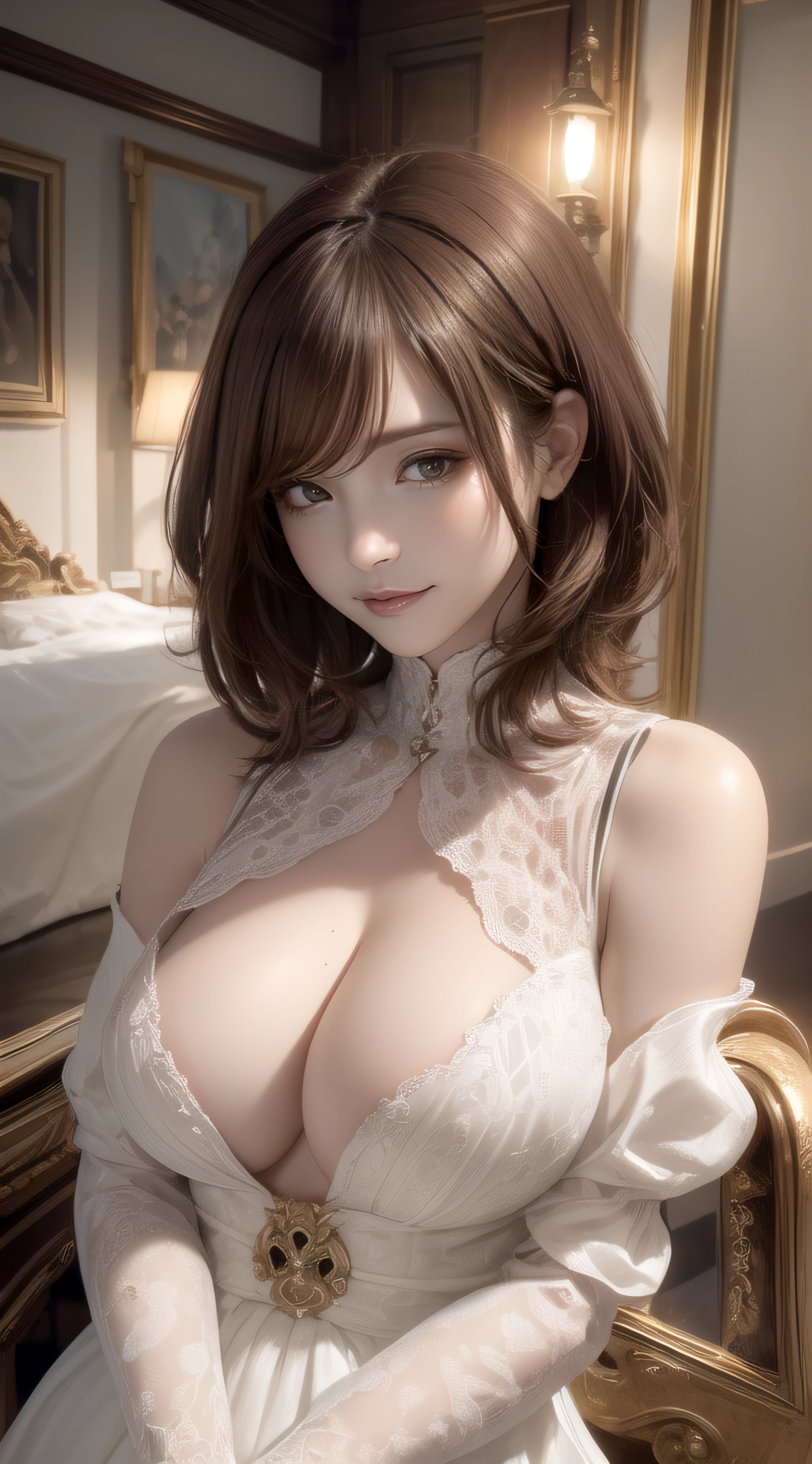 1girl in,Ultra detailed skin,Curve,Petite,Beautiful breasts,Large breasts,pale skin,pointed breast,Erect nipples,(Fantasy Art,Highest image quality,Hyperrealist portrait,(8K),Ultra-realistic,Best Quality, High quality, High Definition, high quality texture,high detailing,Beautiful detailed,fine detailed,extremely details CG,Detailed texture,realistic representation of face,masutepiece,presence,Dynamic,Bold),Bob Hair,(Thin hair),(Soft hair),Swept long bangs,Extra bright coppery amber hair,Hair over one eye