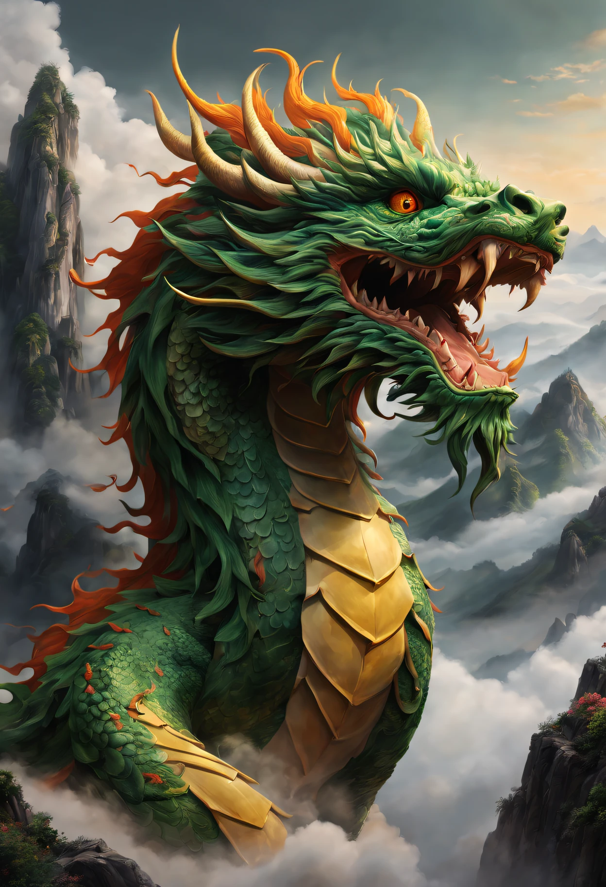 (Best quality at best,4K,8K,A high resolution,tmasterpiece:1.2),ultra - detailed,actual,Green Chinese Dragon,Serpentine body,Long beard,Fiery eyes,Magnificent scale,sharp talons,breath of fire,Curly and powerful dragon tail,climb a mountain,There  mist and clouds around,Traditional brush painting style,Vivid colors and intricate details,illuminated by soft golden light