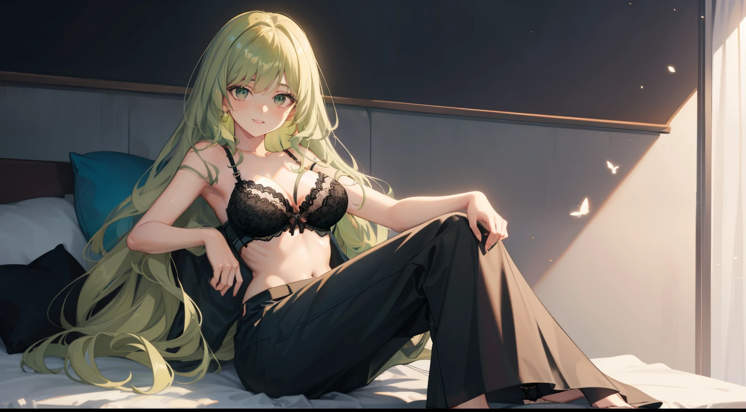 Best quality, green hair, small breasts, cleavage, navel, t-shirt, ((bra)),clothes lift, skirt, lying, full Body, perfect body ,sitting, armpit