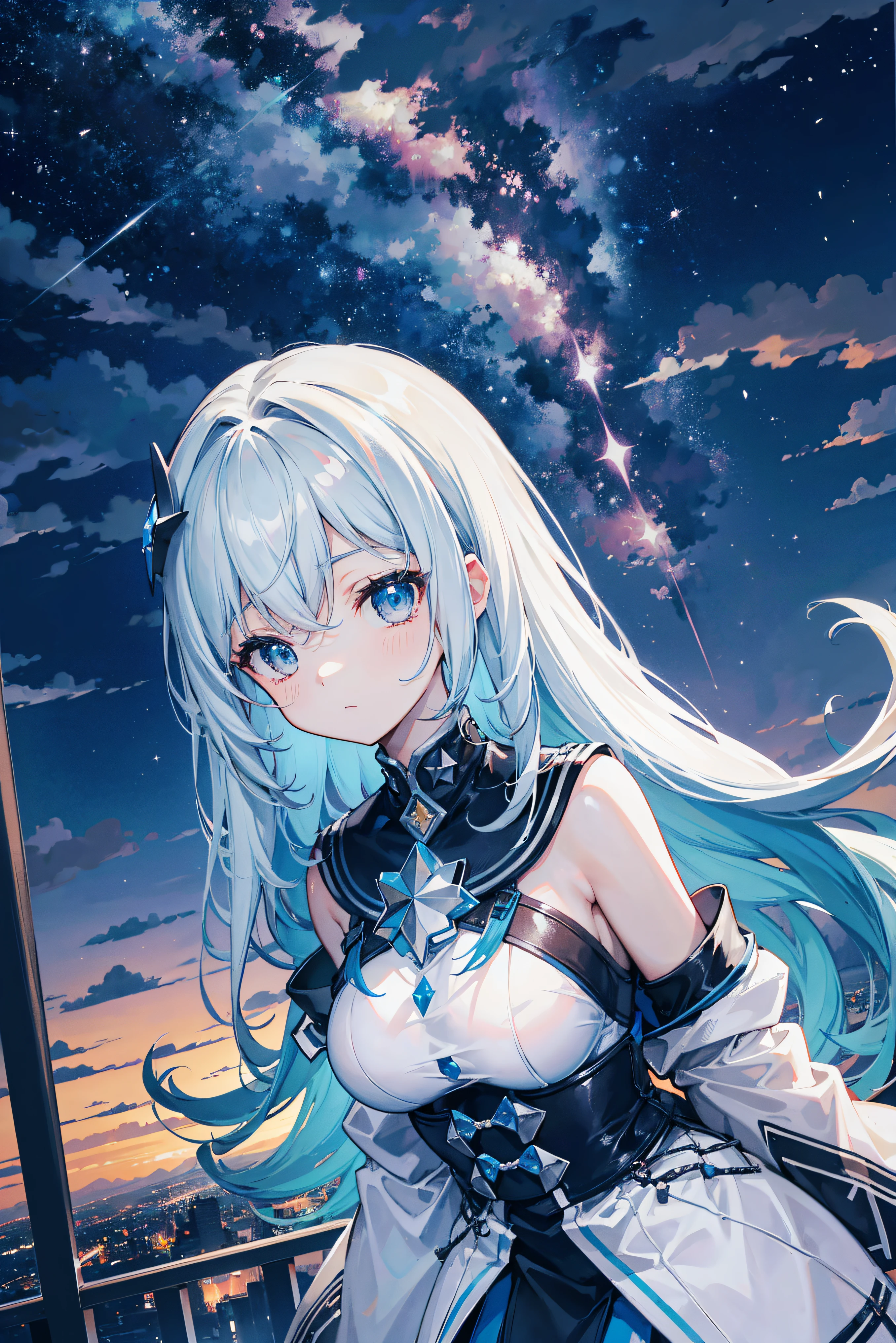 Octane renderer, sky sky, As estrelas (sky sky), scenecy, starrysky, natta, 1 busty girl, nigh sky, Alone, Outdoor sports, buliding, cloud, milky ways, sitted, that tree, Long gray hair, 城市, contours, looking over city, look at sky, 8K, Beautiful night sky, ray traycing, tmasterpiece, Cute face