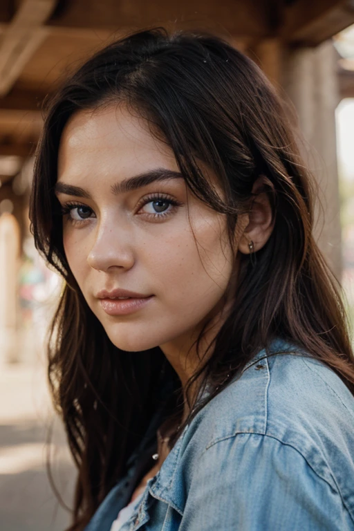 a realistic portrait of a very beautiful woman with dark hair, light blue eyes, instagram influencer, dark eyebrows, light freckles