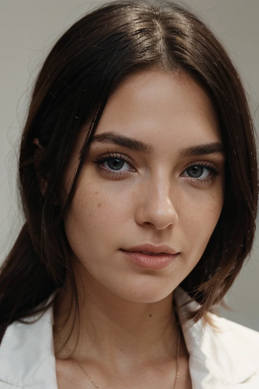 a realistic portrait of a very beautiful woman with dark hair, light blue eyes, instagram influencer, dark eyebrows, light freckles