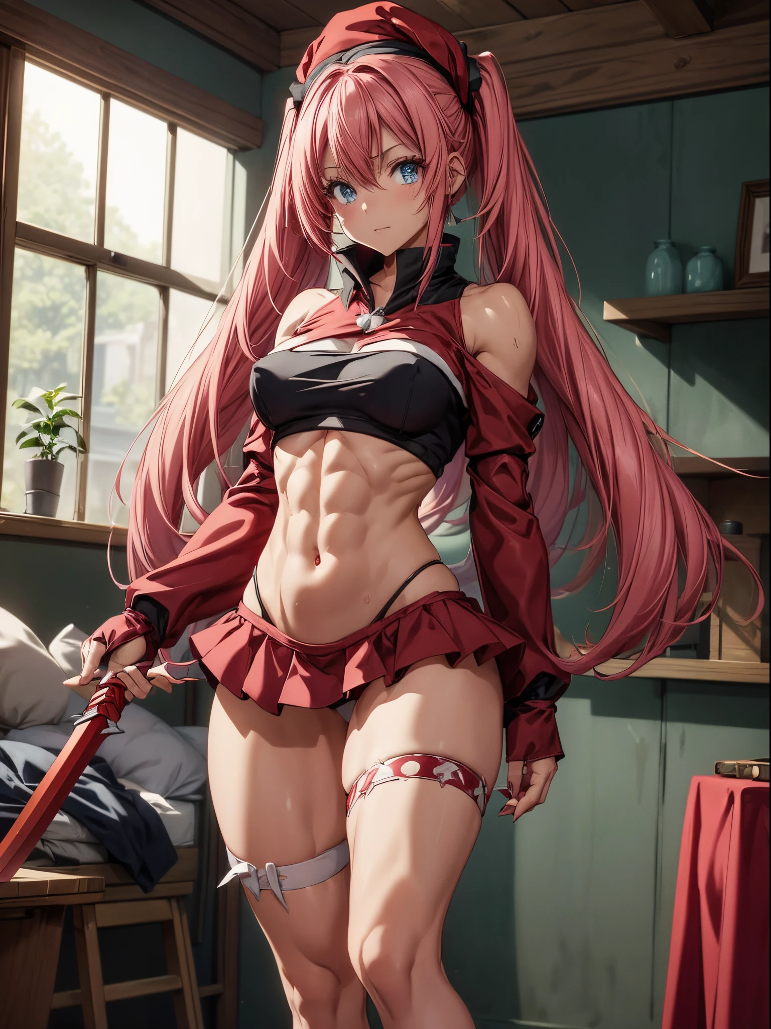 (((1 girl))), (wearing red Santa hat), (Milim Nava from tensei shitara slime), (pink hair twintails) medium breasts, (nails painted black), (blue eyes), perfect hands, (((wearing a sexy red Santa Claus outfit with a cute short skirt))), (((full body view))), (in a motel room), (((beautiful, muscular legs))), slim waist, abdominal muscles, full body photo, Red high-heeled shoes, (holding a red dragon sword with both hands), (HDR), eye reflection, outstretched eyes, outstretched eyes, moody, anime, minimalism, style anime, ray tracing, cinematic lighting, cinematic lighting, glow, shine, JPEG Artifacts, Bright Light, Divine Rays, Ray Tracing, Drop Shadow, Panorama, Sony FE, Back, Below, Underneath, UHD, Masterpiece, Accurate, Accurate , Anatomically Correct , Super Detailed, High Quality, Best Quality, Very High, 16k