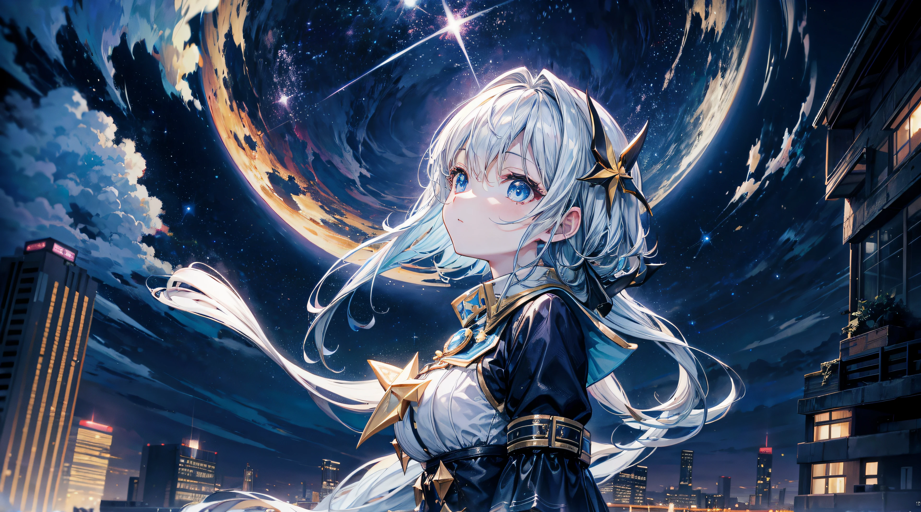Octane renderer, sky sky, As estrelas (sky sky), scenecy, starrysky, natta, 1 busty girl, nigh sky, Alone, Outdoor sports, buliding, cloud, milky ways, sitted, that tree, Long gray hair, 城市, contours, looking over city, Looking Up The Sky, 8K, Beautiful night sky, ray traycing, tmasterpiece, Cute face