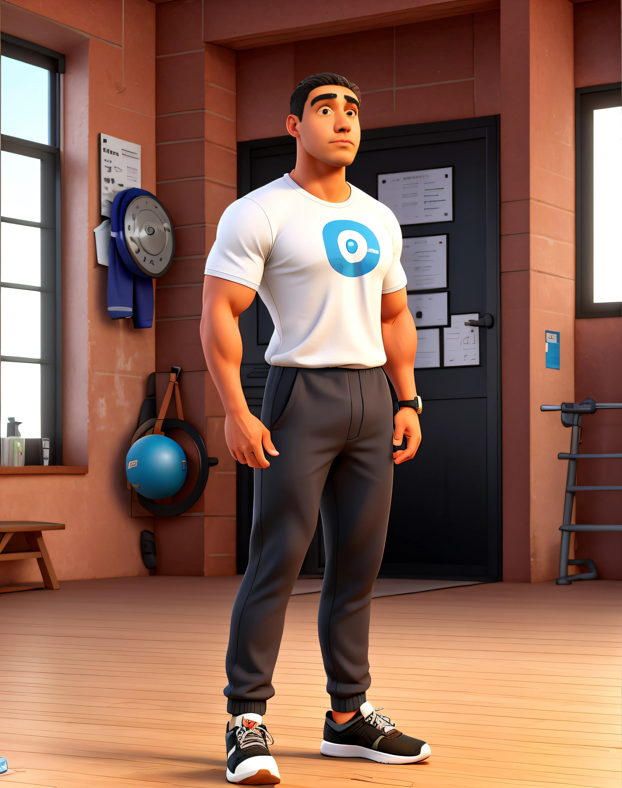 A South American man standing, musculoso, in gym clothes, corpo atletico, em breve ,Bodybuilding gym, olhos castanhos escuros."