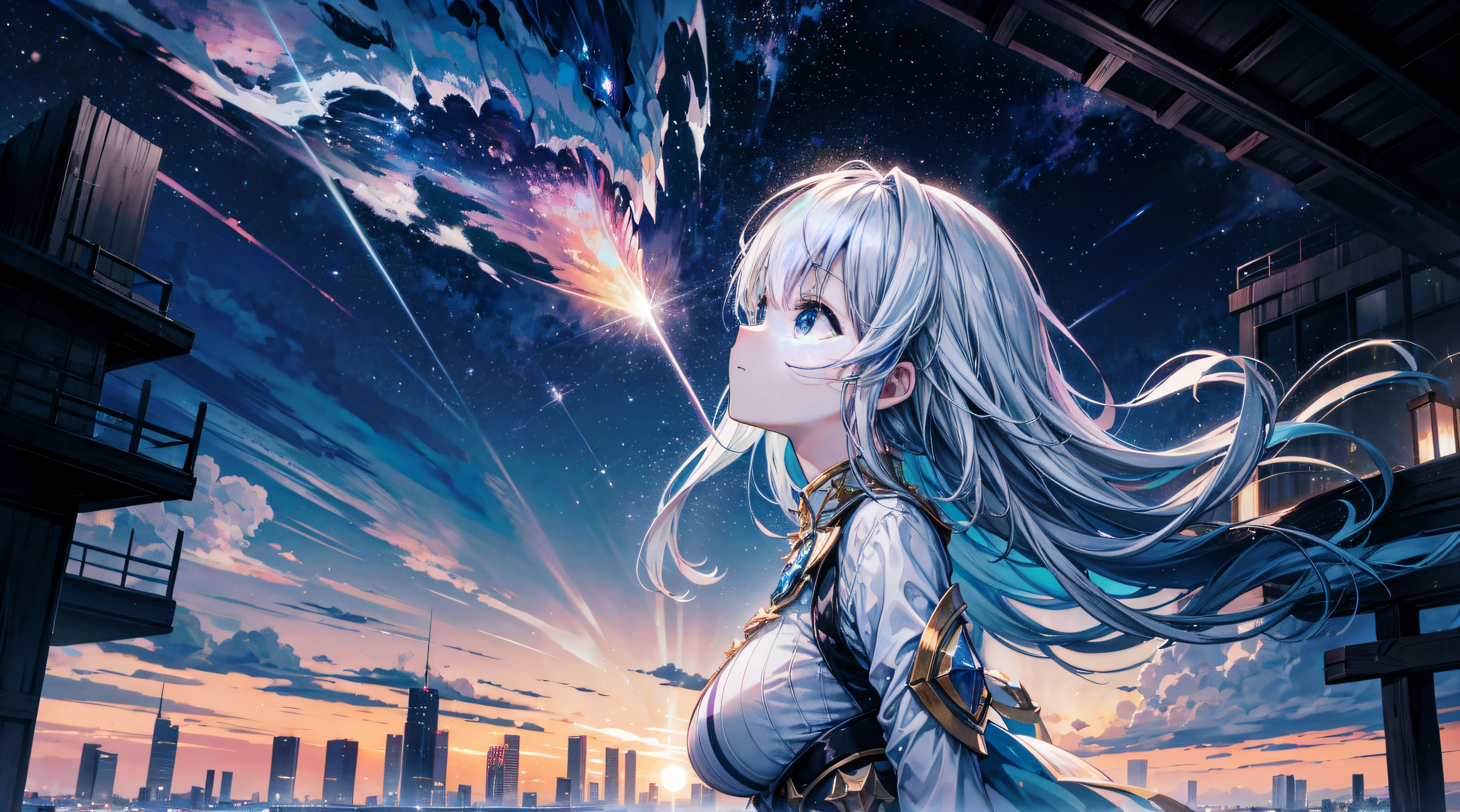 Octane renderer, sky sky, As estrelas (sky sky), scenecy, starrysky, natta, 1 busty girl, nigh sky, Alone, Outdoor sports, buliding, cloud, milky ways, sitted, that tree, Long gray hair, 城市, contours, looking over city, Looking Up The Sky, 8K, Beautiful night sky, ray traycing, tmasterpiece, Cute face
