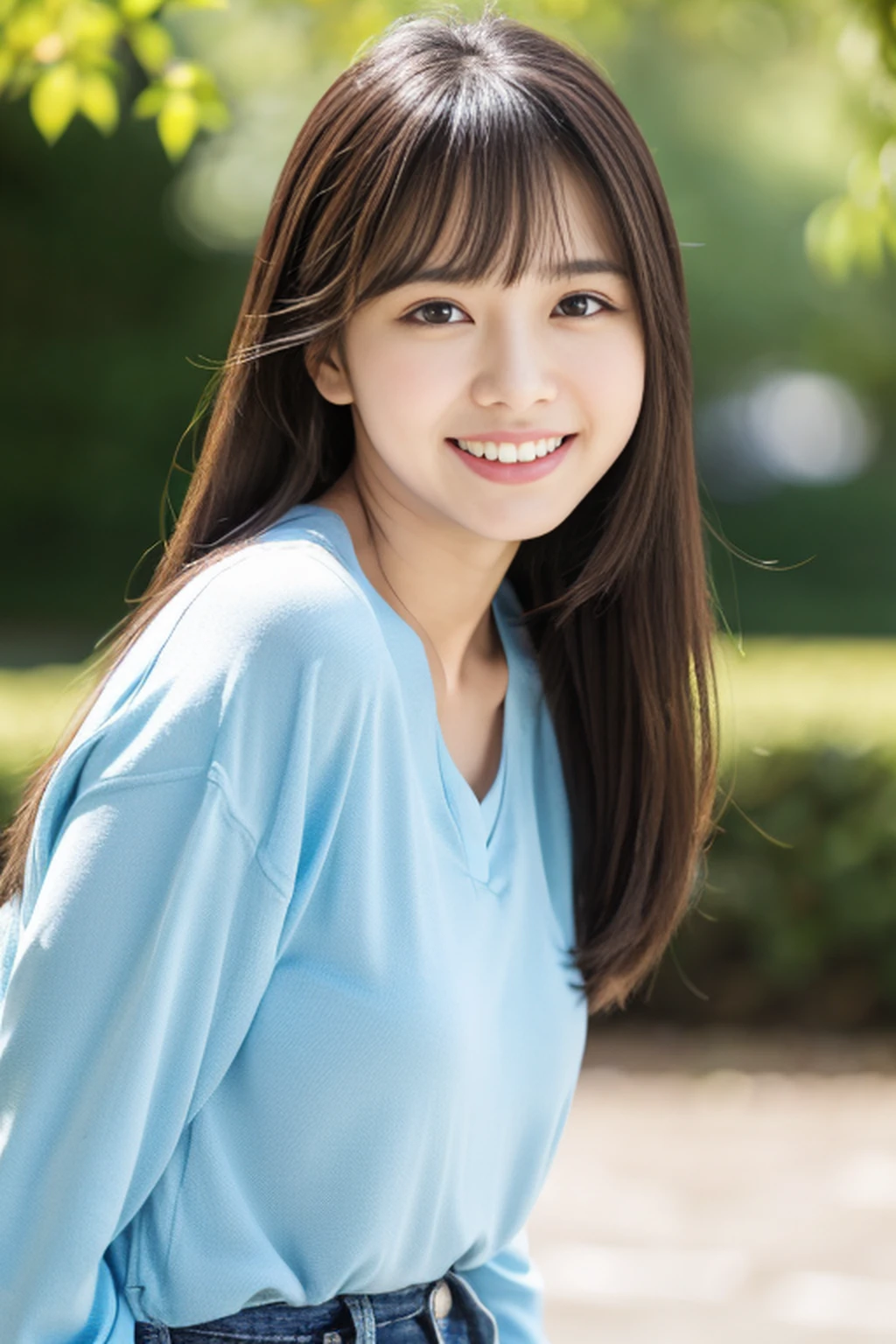 A girl who is kind to everyone:2、innocent teenager、Smile at me:1.3,(long bangs and beautiful teeth)、(in 8K,Raw photo、Background bokeh)、Long sleeve blouse:1.5