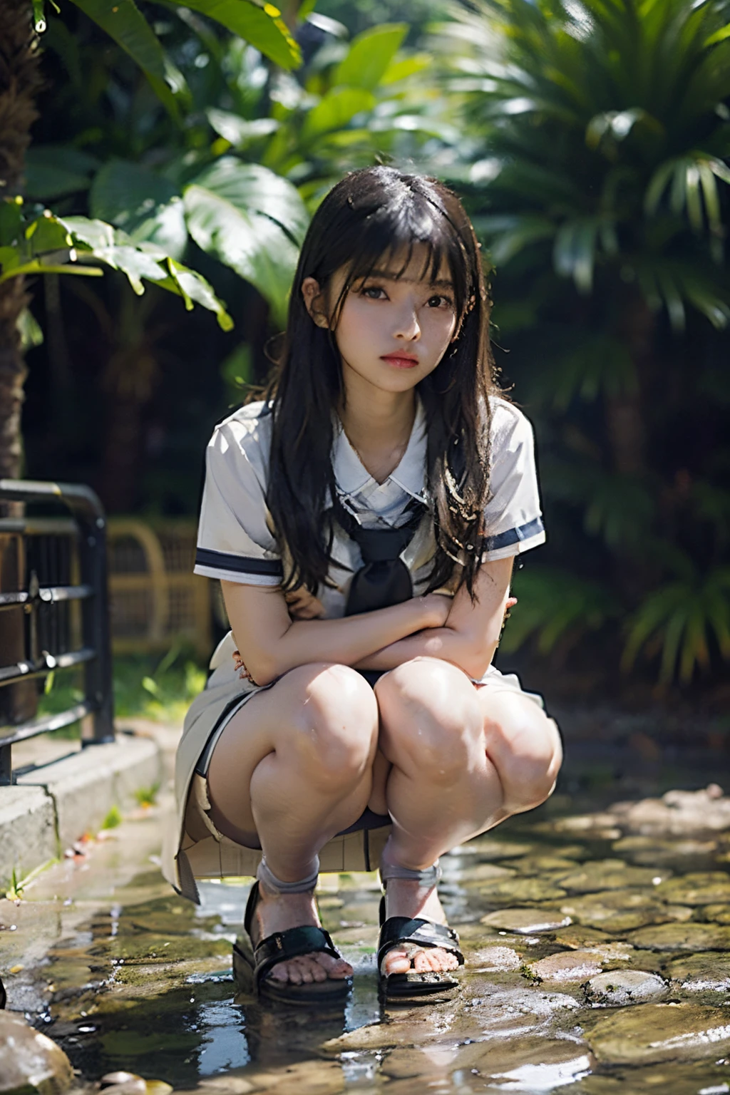 Best Quality, masutepiece, 超A high resolution, (Photorealistic:1.4), Raw photo, 1girl in, Black hair, Shiny skin, Wet body, Soft light, Full body, high-school uniform, (tiny chest),hi-school girl,goat,Raw feet