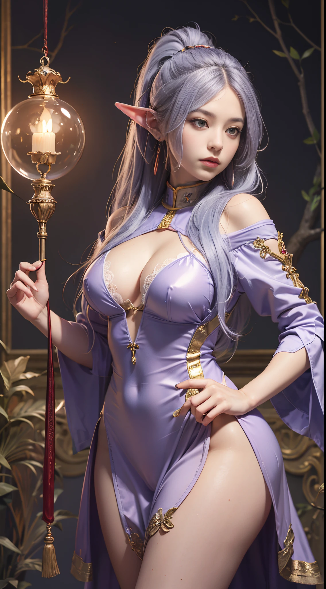 FrierenWinter, 8k, best quality, highres, realistic, real person, A wizard character with silver ponytail hair, earrings, and a shorter stature. The wizard is holding a luxurious, ornately decorated staff but is not wearing a hat. Their outfit is a blend of traditional wizard robes and contemporary magical attire, rich in detail and color. The character's expression is wise and confident, reflecting their mastery in magic. The background is a mystical setting, with elements of magic and fantasy. , cleavage, beautiful legs, long legs, gorgeous magic wand