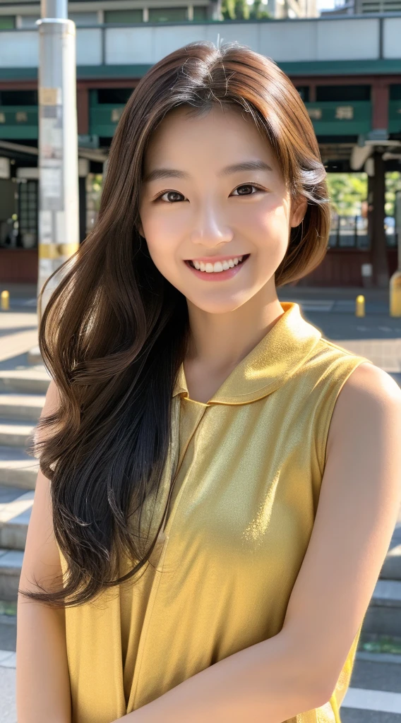 Top image quality、masterpiece、Beautuful Women、japanes、25-years old、Station platform、(masuter piece:1.3)、(8k、Photorealsitic、RAW Photography、top-quality:1.4)、(1girl)、美丽的面容、(lifelike face)、(A dark-haired、realisticeyes、Beautiful details、(real looking skin)、sleeveless、absurderes、enticing、ultra res、A hyper-realistic、high detal、the golden ratio、a smile、dual、Long、Loose perm、Beautiful Japan woman