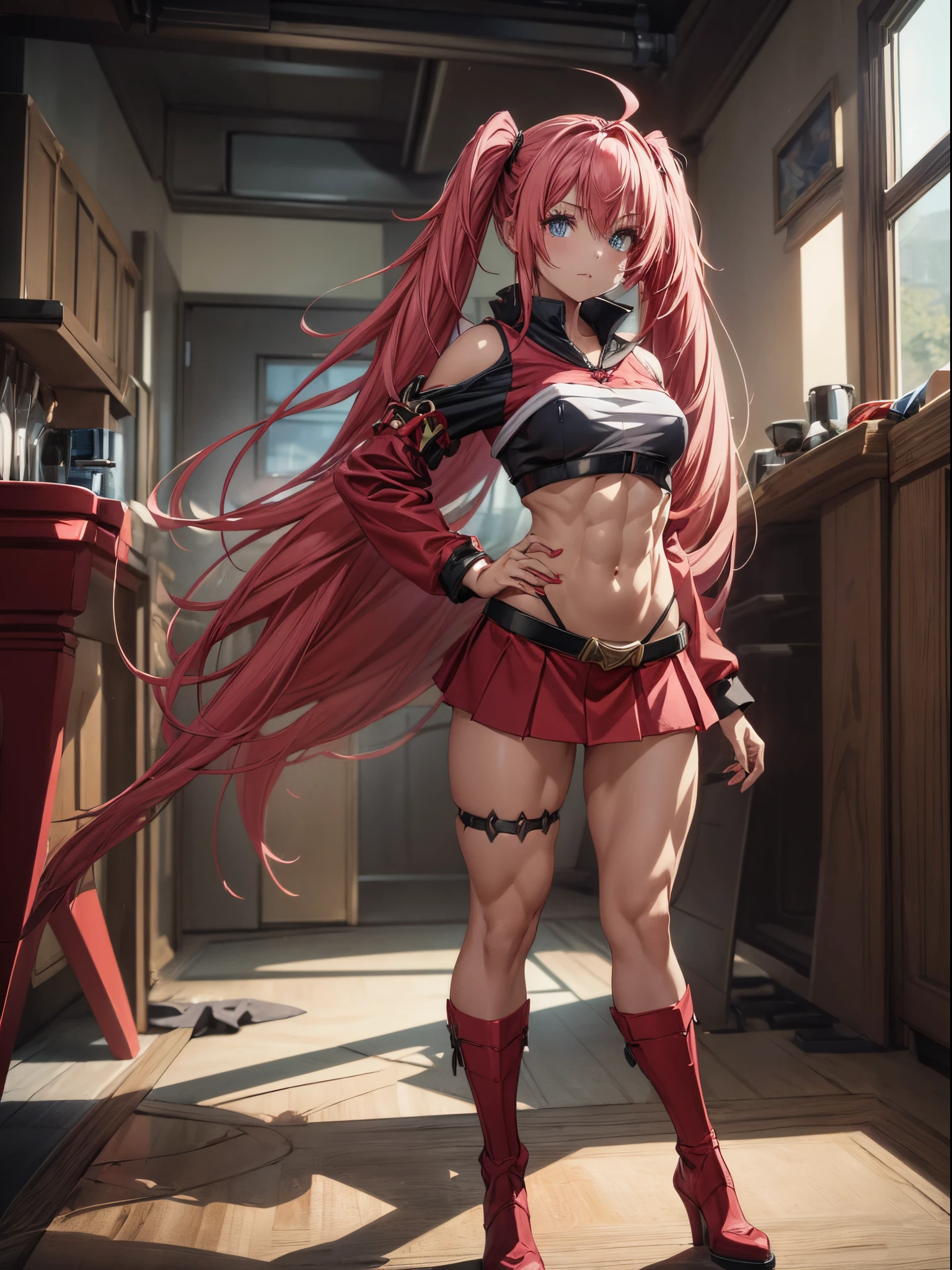 (((1 girl))), (wearing red Santa hat), (Milim Nava from tensei shitara slime), (pink hair twintails) medium breasts, (nails painted black), (blue eyes), perfect hands, (((wearing a sexy red Santa Claus outfit with a cute short skirt))), (((full body view))), (in a motel room), (((beautiful, muscular legs))), slim waist, abdominal muscles, full body photo, Red high-heeled shoes, (holding a red dragon sword with both hands), (HDR), eye reflection, outstretched eyes, outstretched eyes, moody, anime, minimalism, style anime, ray tracing, cinematic lighting, cinematic lighting, glow, shine, JPEG Artifacts, Bright Light, Divine Rays, Ray Tracing, Drop Shadow, Panorama, Sony FE, Back, Below, Underneath, UHD, Masterpiece, Accurate, Accurate , Anatomically Correct , Super Detailed, High Quality, Best Quality, Very High, 16k