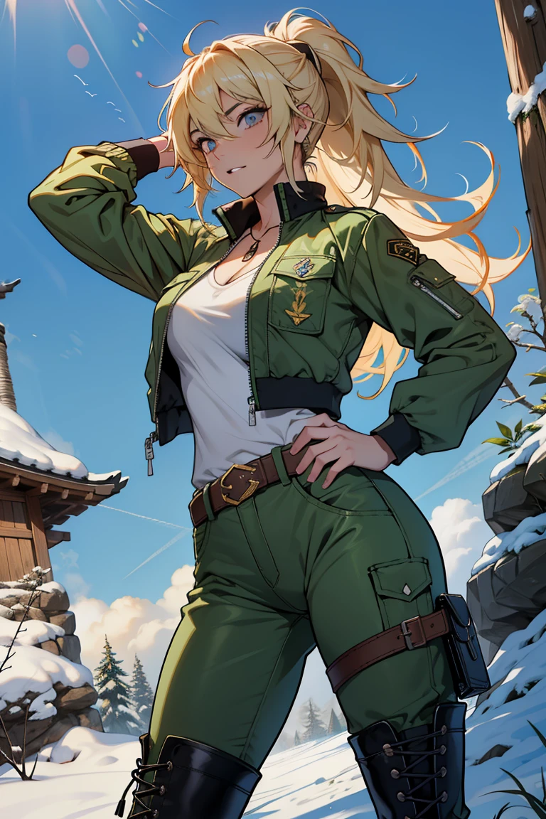 uma yang xiao long, uma mulher loira, long hair up to the waist, ((olhos roxos)), silhueta feminina, middlebreasts, master part, best quality, cabelo sobre um olho, green jacket, miitar jacket, (clivagem:0.7), belt, green pants, luvas sem dedos, cross-laced boots, segurando uma kunai, ((neve)), apoiada sobre um joelho, de lado, tiro largo, blue skies