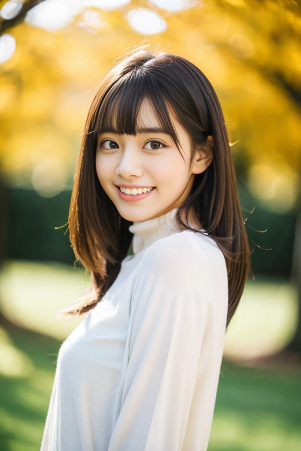 A girl who is kind to everyone:2、innocent teenager、pretty pose:1.3,(Long bangs、Beautiful teeth alignment)、(in 8K,Raw photo、Background bokeh)、Long sleeve blouse:1.5
