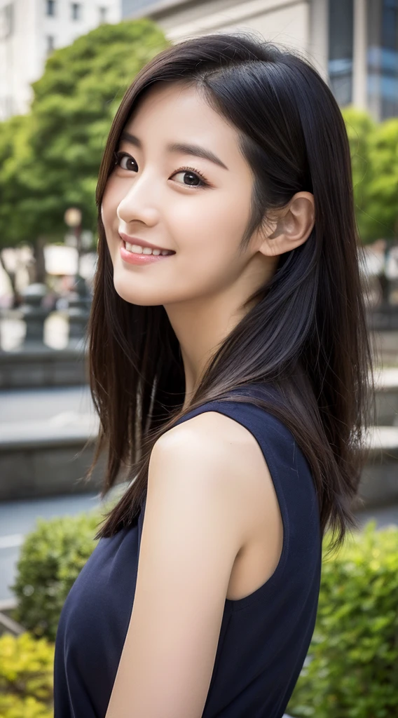 highest quality、ultra high resolution、Beautiful woman、cute、alone、japanese woman。15 year old student、high school student、smile。beautiful young female model。bright look、photorealism、extraordinary beautiful girl、beautiful expression、(PurerosFace)、radiant white skin、light brown straight hair、thin hair、charming beautiful brown eyes、double eyelid、fashion girl, healthy face。skin care cosmetics、professional lighting。2024, Clothes that are popular in spring, Tokyo, The background is Shibuya