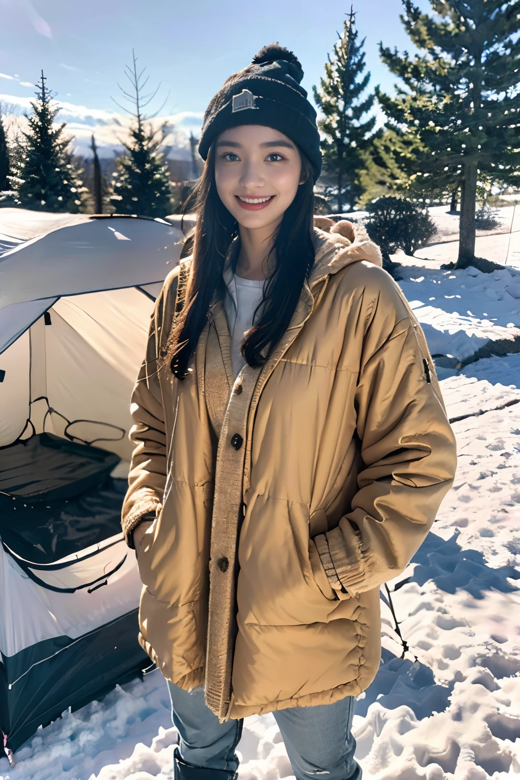 (best quality,4k,8k,highres,masterpiece:1.2),ultra-detailed,(realistic,photorealistic,photo-realistic:1.37),girl,smiling,standing in front of a tent,knit hat,down jacket,winter campsite,bathed in the morning sun,cozy,peaceful,serene,soft light,dream-like colors,