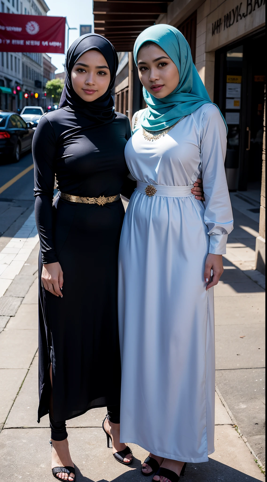 RAW, Best quality, high resolution, masterpiece: 1.3), two beautiful Malay women wearing hijap:0.8),big breasts, perfect nose, perfect lips, perfect eyes, detail :1.2), beautiful face, face details, fullbody , two women wearing hijabs are standing on the sidewalk, wearing long baju kurung, black leggings, full body women, beautiful girls, two girls, beautiful women