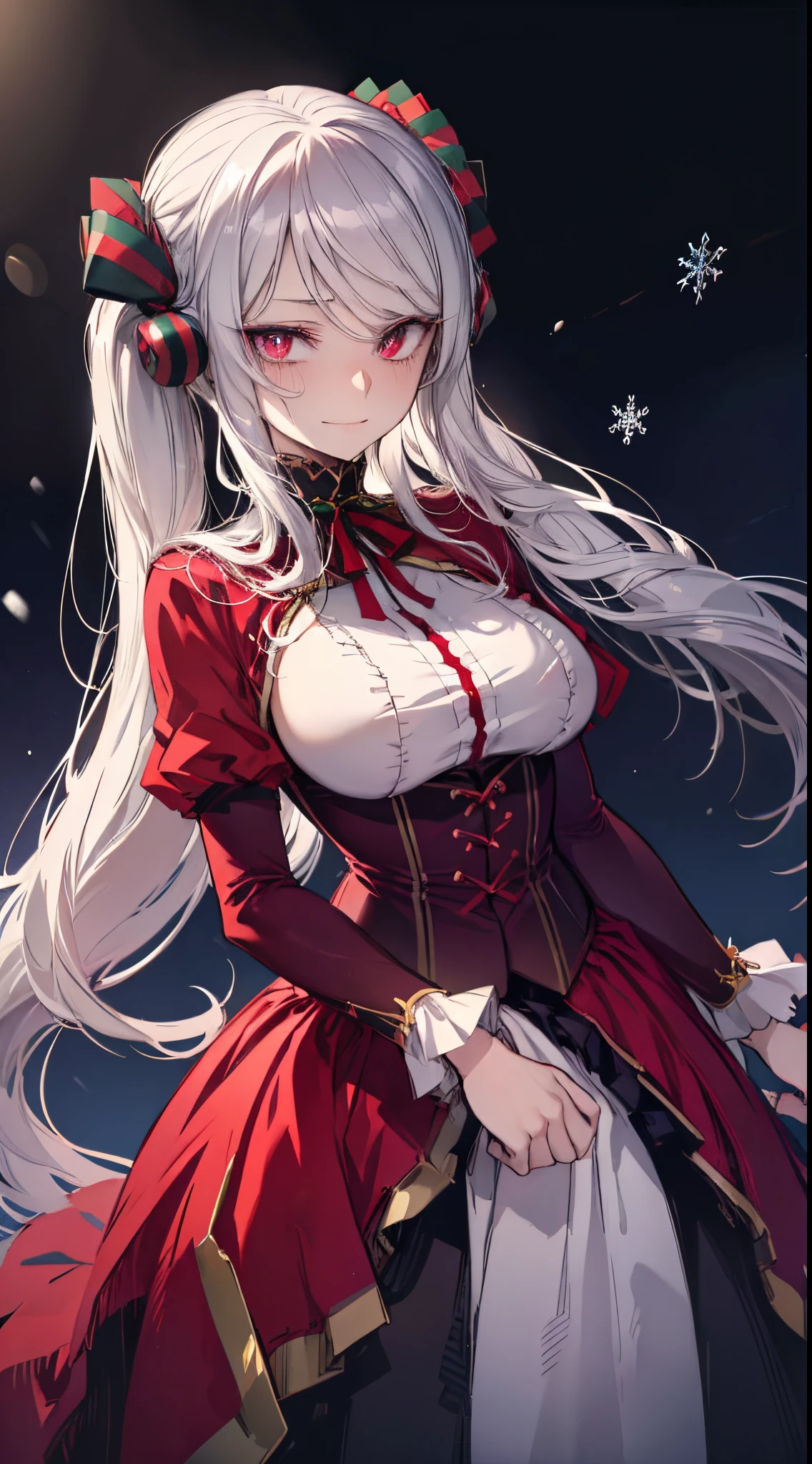 (masterpiece, best quality) woman, (large breasts), solo, shalltear from "Overlord", red eyes, long hair, happy, smiling, (slim body, very thin waist), (dressed in Christmas costume with red and green), (standing) looking at viewer, 16k, sharp focus, dramatic lighting, drop shadow, anime style, shine, anatomically correct, beautiful detailed face, beautiful detailed eyes, High Detail Skin, Visible Pores, sharp focus, colorful , delicated facial features,Facial feature, hair between eyes, snowing forest, snow, Christmas