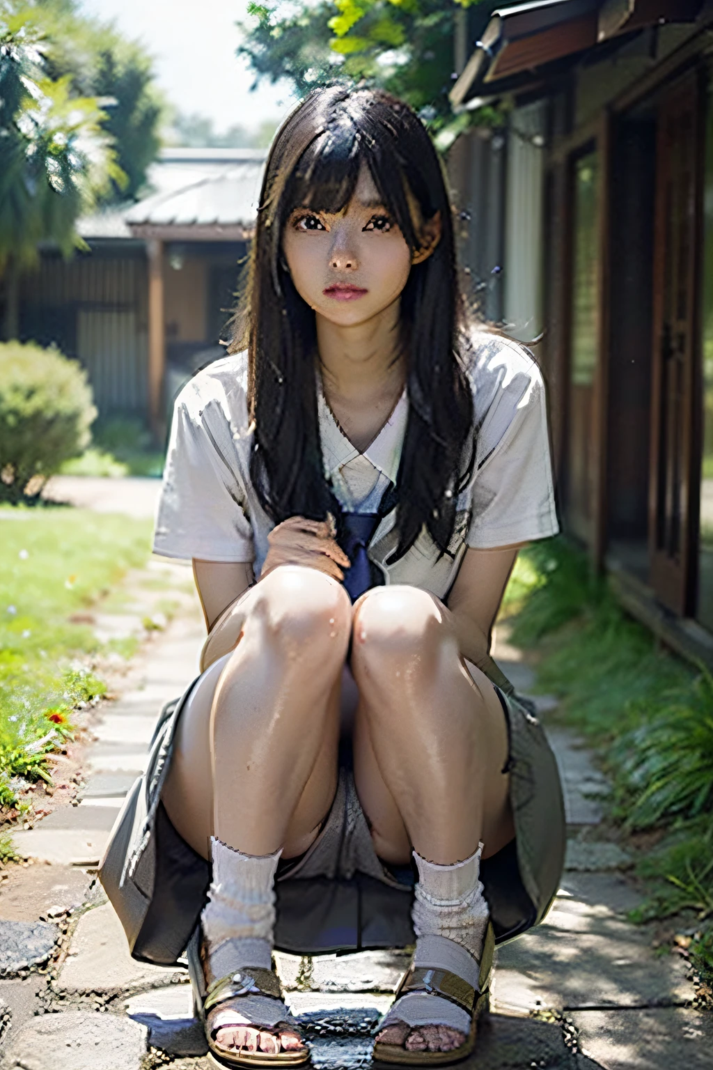 Best Quality, masutepiece, 超A high resolution, (Photorealistic:1.4), Raw photo, 1girl in, Black hair, Shiny skin, Wet body, Soft light, Full body, high-school uniform, (tiny chest),hi-school girl,goat,extend one'Barefoot,beauty legs,Show your legs
