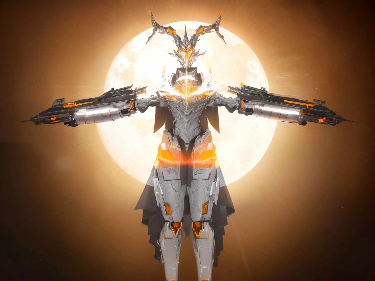 a very large robot, intricate glowing armor, silver and black metal parts, orange glowing parts, sun, space, hd, highres