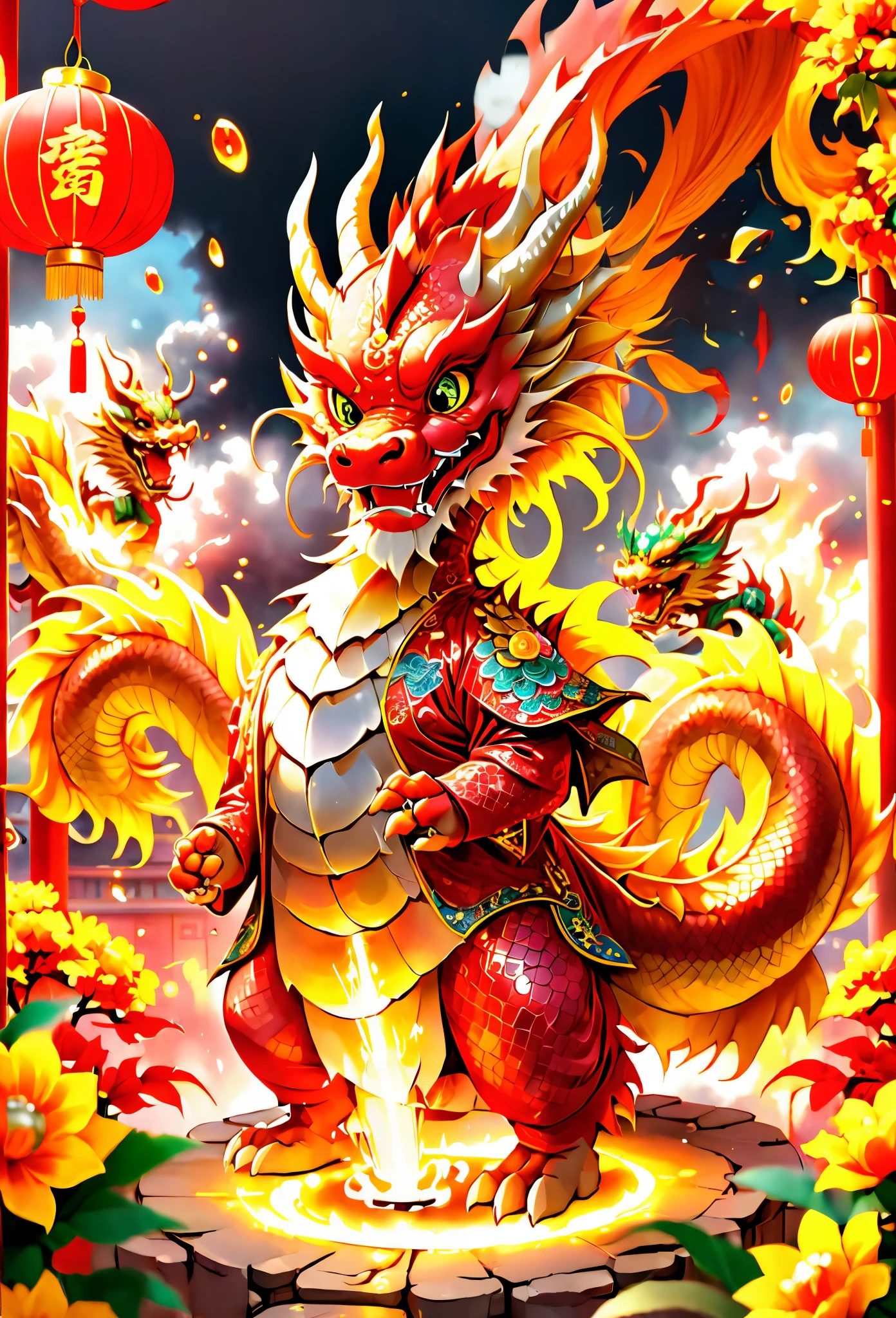 3D character rendering，((In the center of the picture，A gorgeous Chinese dragon  displayed in front of people，This dragon&#39;s scales sparkle，Wearing colorful dragon robe，Precious gems and jewels are embedded everywhere，Shimmering with dazzling light。dragon silk&#39;Body covered with exquisite embroidery，outline auspicious clouds、Gourd auspicious pattern，Showing a strong flavor of traditional Chinese culture))，((Around the dragon，Red couplets hung high on the lintel，The first couplet says &cite;golden dragon welcomes spring&cite;，The second line reads &cite;Full of blessings&cite;，dignified handwriting、neat，It means the joy and beauty of the new year。The walls of the Dragon Queen are filled with gold flowers and lantern calendars.，Reflect the festive atmosphere)), (((In Dragon&#39;the feet，A row of shiny firecrackers scattered on the ground，Smells like an explosion，It seems to be celebrating the arrival of the New Year。And next to the dragon，A group of children gathers，Holding colorful red envelopes in hand，Bless each other with smiles on their faces: 1.5), ((Chinese element background，Auspicious cloud background)), (Perspectives, first person perspective, Ghibltyle colors, Luminism, 电影灯光, hyper HD, tmasterpiece, acurate, Anatomically correct, ctextured skin, super detailing, high detal, high qulity, Award-Awarded, Best quality at best, 16k), Pop Mart blind box, 3 Rendering