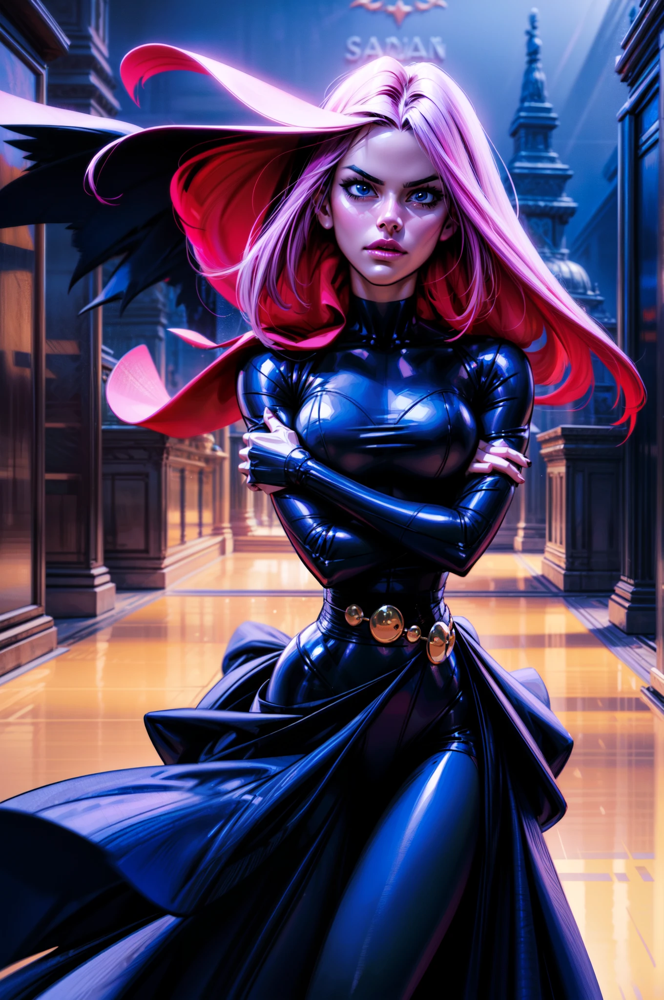 raven solo, gothgirl, with arms crossed looking straight ahead,anime, vibrant colors, dark and mysterious aesthetic, good lighting, perfect hands, perfect anatomy