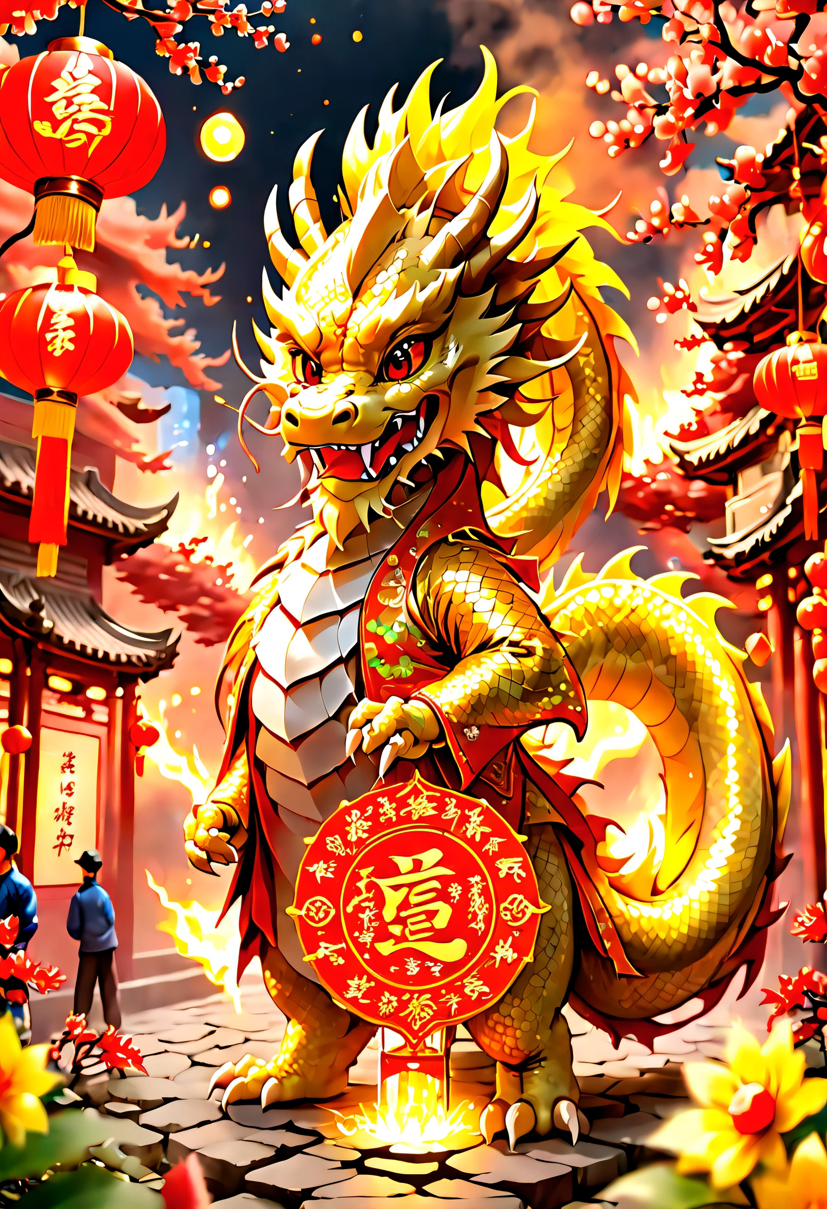 3D character rendering，((In the center of the picture，A gorgeous Chinese dragon  displayed in front of people，This dragon&#39;s scales sparkle，Wearing colorful dragon robe，Precious gems and jewels are embedded everywhere，Shimmering with dazzling light。dragon silk&#39;Body covered with exquisite embroidery，outline auspicious clouds、Gourd auspicious pattern，Showing a strong flavor of traditional Chinese culture))，((Around the dragon，Red couplets hung high on the lintel，The first couplet says &cite;golden dragon welcomes spring&cite;，The second line reads &cite;Full of blessings&cite;，dignified handwriting、neat，It means the joy and beauty of the new year。The walls of the Dragon Queen are filled with gold flowers and lantern calendars.，Reflect the festive atmosphere)), (((In Dragon&#39;the feet，A row of shiny firecrackers scattered on the ground，Smells like an explosion，It seems to be celebrating the arrival of the New Year。And next to the dragon，A group of children gathers，Holding colorful red envelopes in hand，Bless each other with smiles on their faces: 1.5), ((Chinese element background，Auspicious cloud background)), (Perspectives, first person perspective, Ghibltyle colors, Luminism, 电影灯光, hyper HD, tmasterpiece, acurate, Anatomically correct, ctextured skin, super detailing, high detal, high qulity, Award-Awarded, Best quality at best, 16k), Pop Mart blind box, 3 Rendering