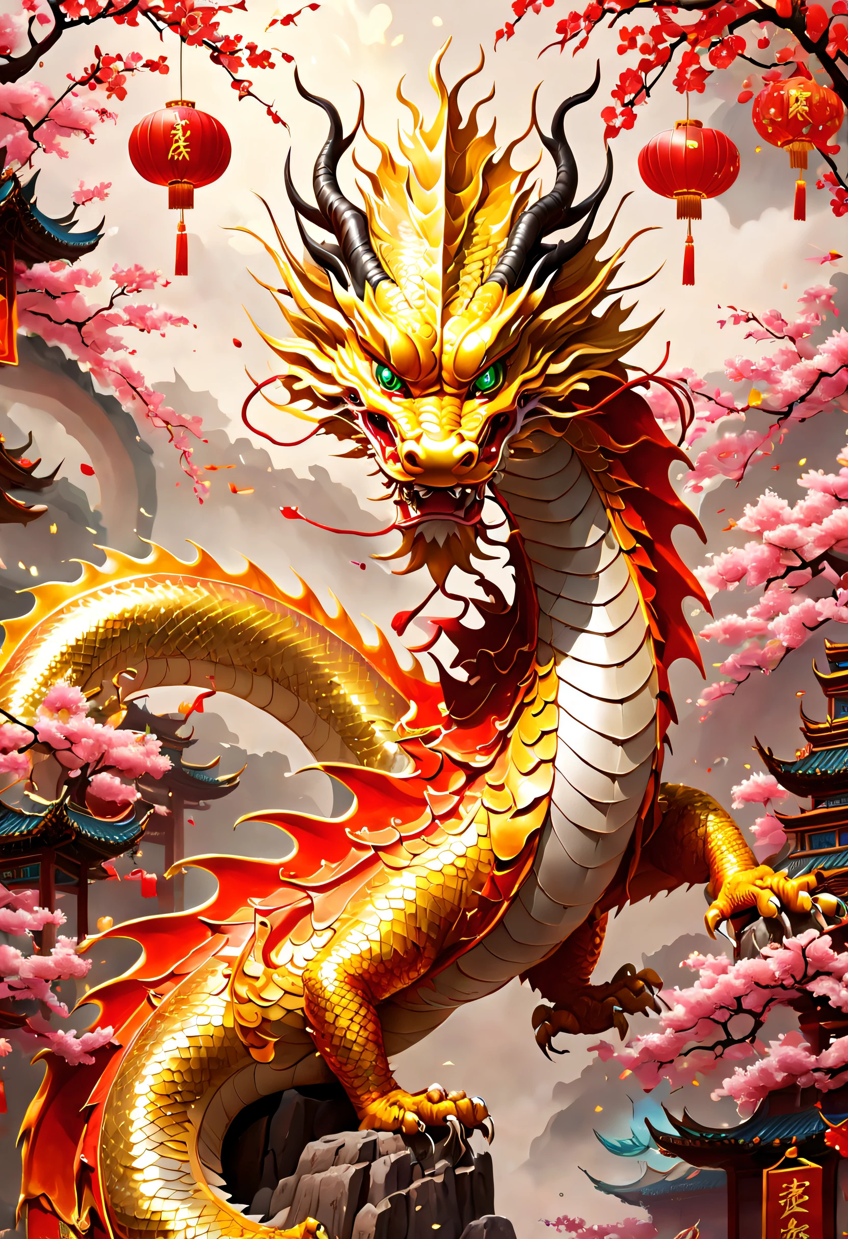 3D character rendering，((In the center of the picture，A gorgeous Chinese dragon  displayed in front of people，This dragon&#39;s scales sparkle，Wearing colorful dragon robe，Precious gems and jewels are embedded everywhere，Shimmering with dazzling light。dragon silk&#39;Body covered with exquisite embroidery，outline auspicious clouds、Gourd auspicious pattern，Showing a strong flavor of traditional Chinese culture))，((Around the dragon，Red couplets hung high on the lintel，The first couplet says &cite;golden dragon welcomes spring&cite;，The second line reads &cite;Full of blessings&cite;，dignified handwriting、neat，It means the joy and beauty of the new year。The walls of the Dragon Queen are filled with gold flowers and lantern calendars.，Reflect the festive atmosphere)), (((In Dragon&#39;the feet，A row of shiny firecrackers scattered on the ground，Smells like an explosion，It seems to be celebrating the arrival of the New Year。And next to the dragon，A group of children gathers，Holding colorful red envelopes in hand，Bless each other with smiles on their faces: 1.5), ((Chinese element background，Auspicious cloud background)), Pop Mart blind box, 3 Rendering