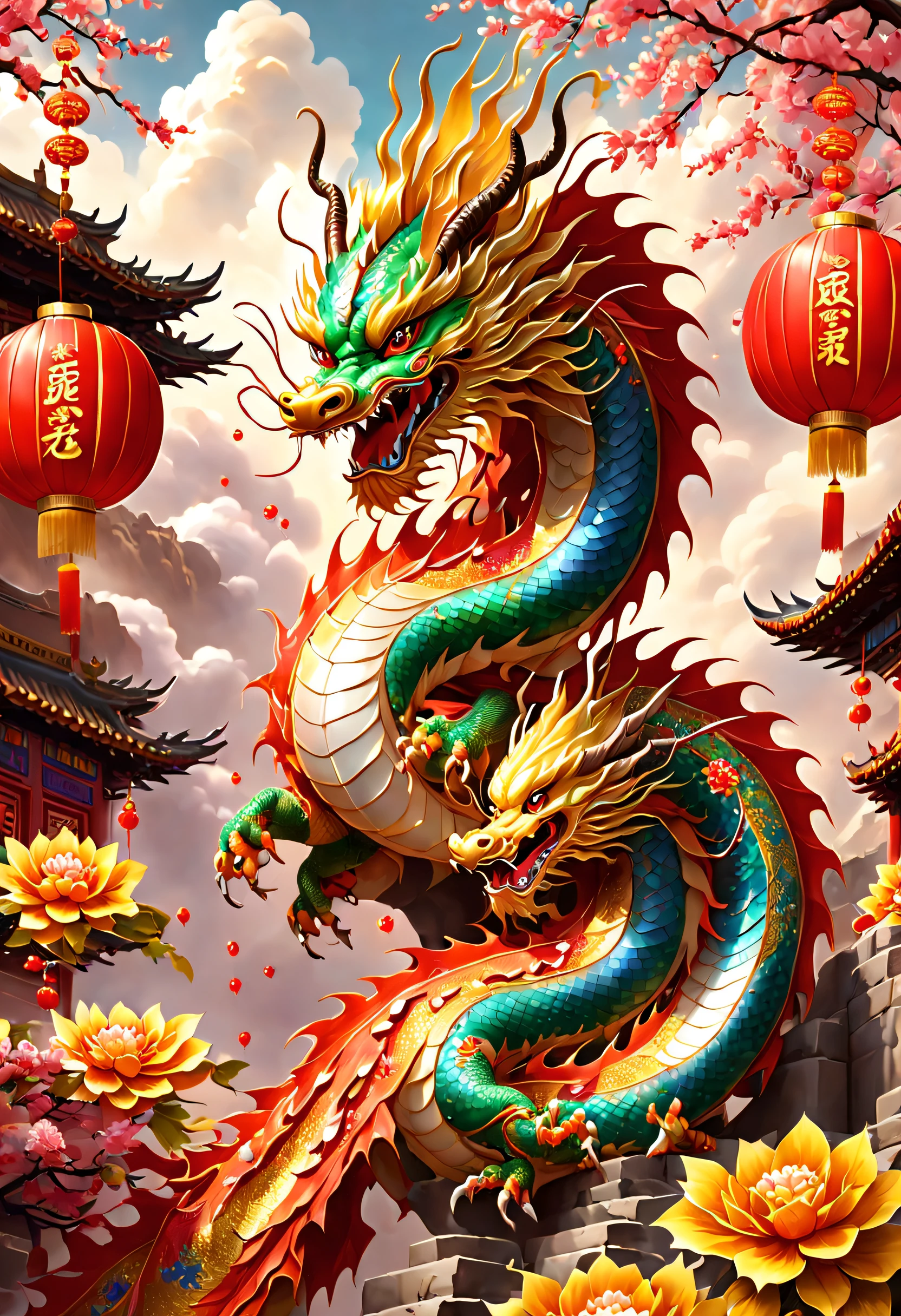 3D character rendering，((In the center of the picture，A gorgeous Chinese dragon  displayed in front of people，This dragon&#39;s scales sparkle，Wearing colorful dragon robe，Precious gems and jewels are embedded everywhere，Shimmering with dazzling light。dragon silk&#39;Body covered with exquisite embroidery，outline auspicious clouds、Gourd auspicious pattern，Showing a strong flavor of traditional Chinese culture))，((Around the dragon，Red couplets hung high on the lintel，The first couplet says &cite;golden dragon welcomes spring&cite;，The second line reads &cite;Full of blessings&cite;，dignified handwriting、neat，It means the joy and beauty of the new year。The walls of the Dragon Queen are filled with gold flowers and lantern calendars.，Reflect the festive atmosphere)), (((In Dragon&#39;the feet，A row of shiny firecrackers scattered on the ground，Smells like an explosion，It seems to be celebrating the arrival of the New Year。And next to the dragon，A group of children gathers，Holding colorful red envelopes in hand，Bless each other with smiles on their faces: 1.5), ((Chinese element background，Auspicious cloud background)), Pop Mart blind box, 3 Rendering