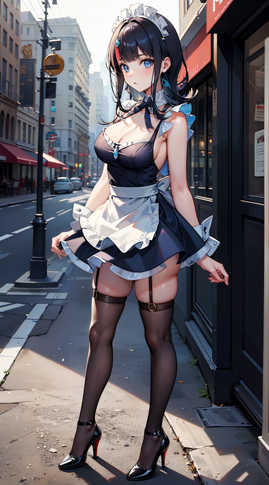 masterpiece, best quality, highres, 1girl, solo, bangs, light makeup, glossy lips, highly detailed, illustration, FGOErice, (maid), standing, pouting, city street, thigh highs, cleavage, high heels, looking at viewer