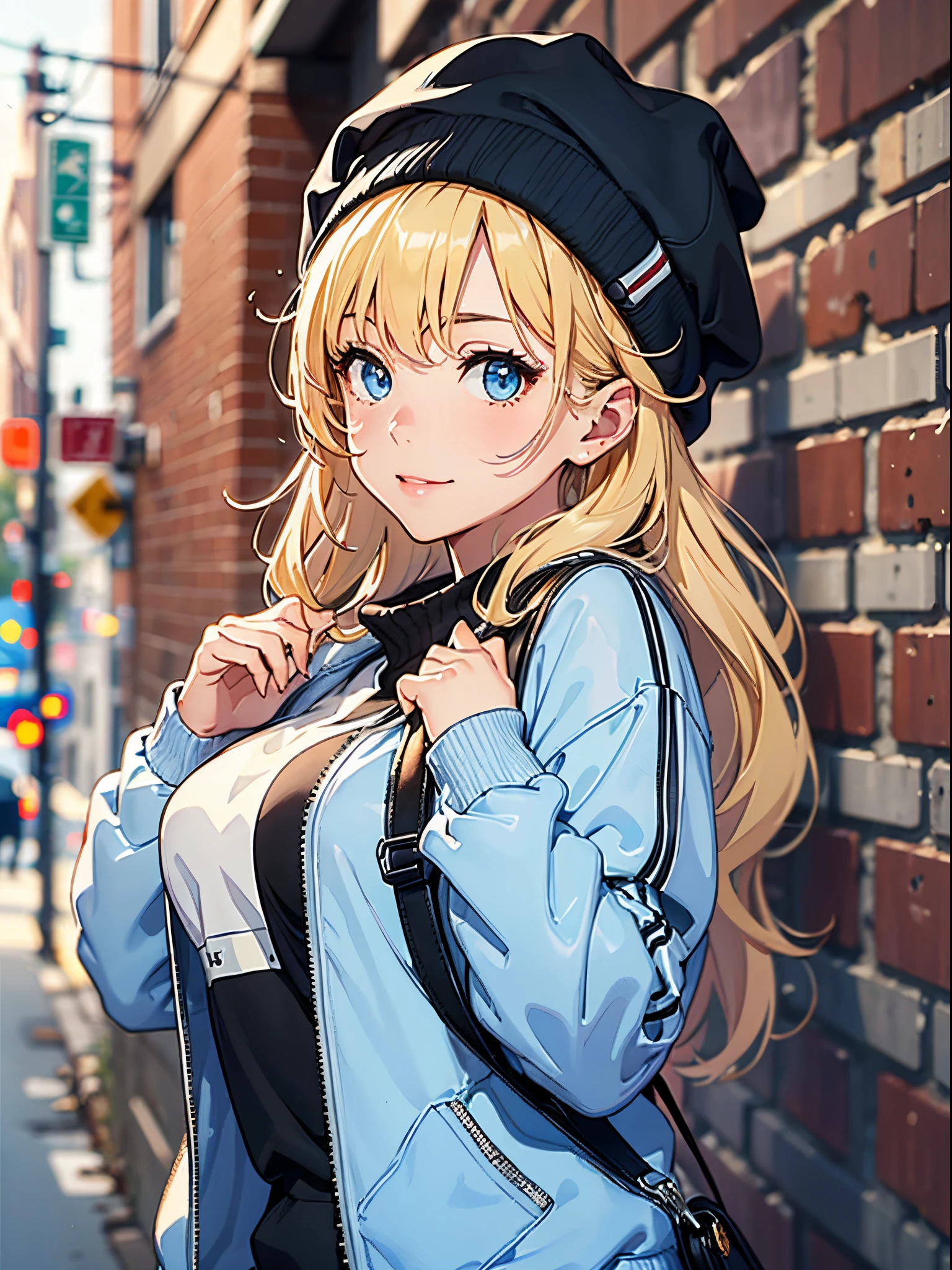 ((Best Quality, 8K, Masterpiece:1.3)), (Focus: 1.2), (Perfect Body Beauty, Photorealistic: 1.4), (Best Quality), (Best Shadow), Detailed, Perfect Lighting, (depth of field:1.3),
BREAK
1girl, solo, blonde hair, little smile, blue eyes, Swept bangs, big breasts, perfect anatomy, (10 heads tall),
BREAK
stand against the brick wall, looking away, upper body, ((blue baggy college jacket)), (sweatshirt), (a girl's crossbody bag), knit hat, sneakers, (black tracksuit pants)