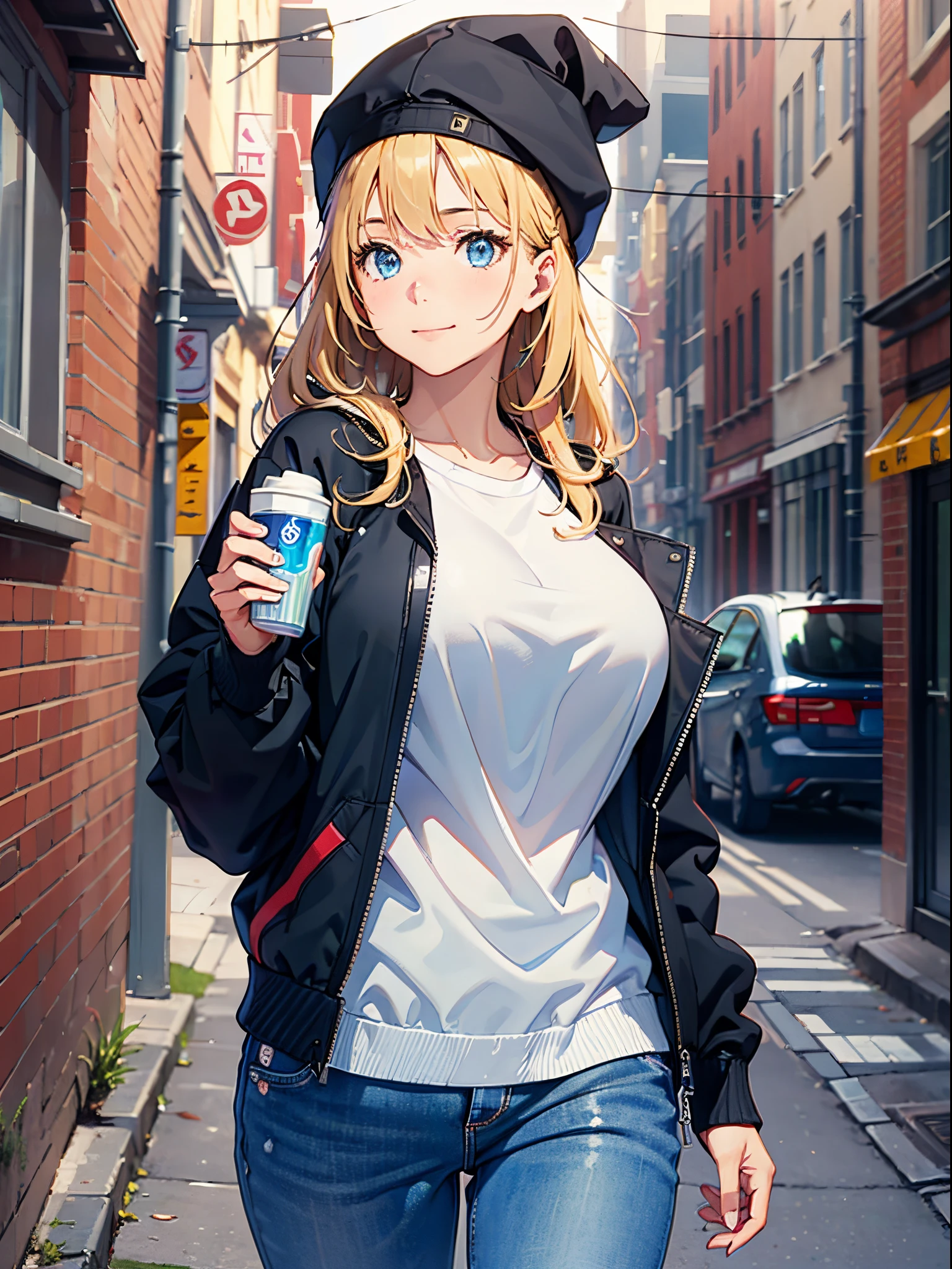 ((Best Quality, 8K, Masterpiece:1.3)), (Focus: 1.2), (Perfect Body Beauty, Photorealistic: 1.4), (Best Quality), (Best Shadow), Detailed, Perfect Lighting, (depth of field:1.3),
BREAK
1girl, solo, blonde hair, little smile, blue eyes, Swept bangs, big breasts, perfect anatomy, (10 heads tall),
BREAK
stand against the brick wall, looking away, upper body, ((blue baggy college jacket)), (sweatshirt), (a girl's crossbody bag), knit hat, sneakers, (black tracksuit pants)