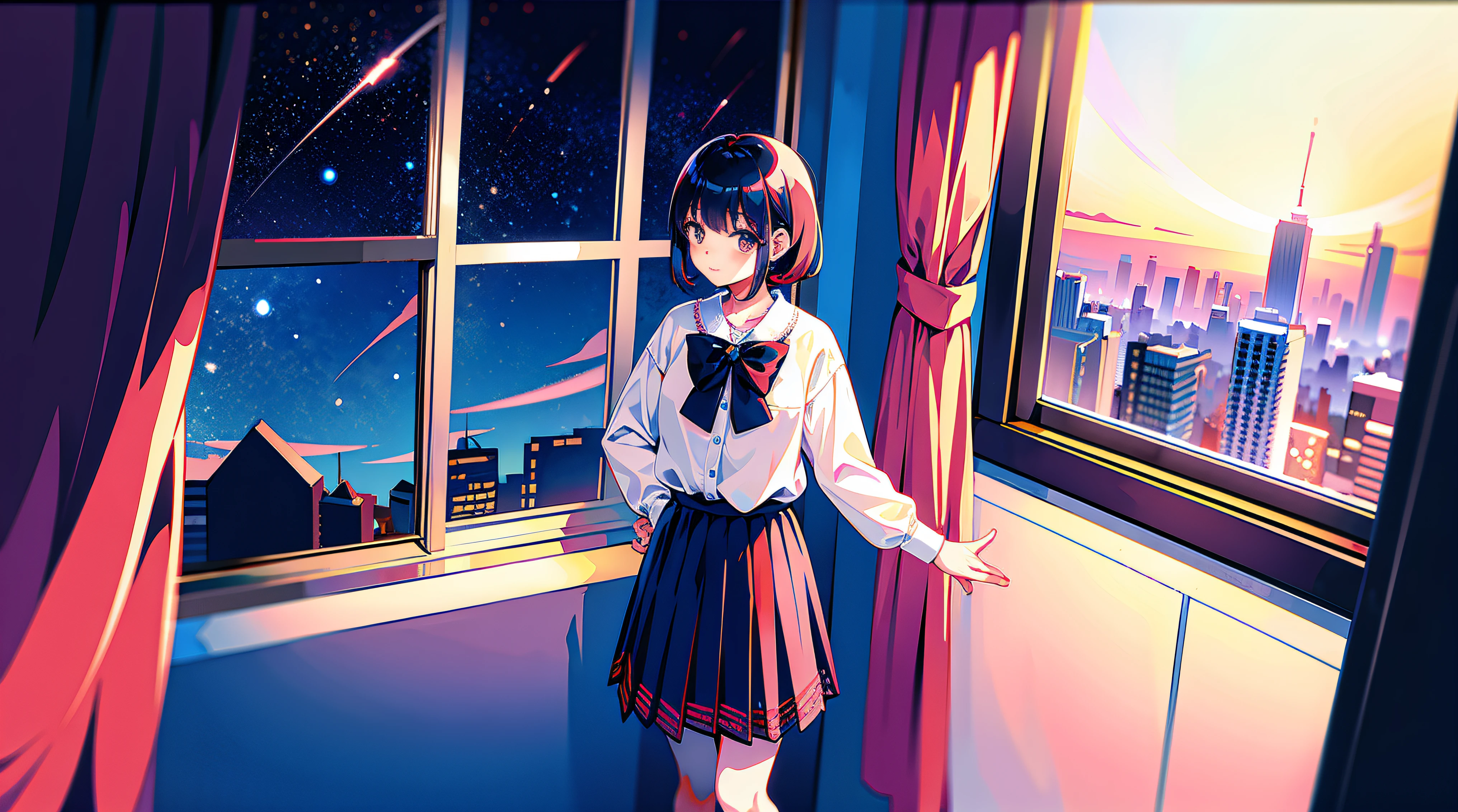 tmasterpiece， Best quality， Haberrufs， 1个Giant Breast Girl， 独奏， Flowers， a skirt， Inside the room， scenecy， natta， janeuthor：bangrunette colored hair， Black socks， looking at viewert， bblurry， vague background， The stands up， ， nigh sky， horizon， As estrelas， Solitude，