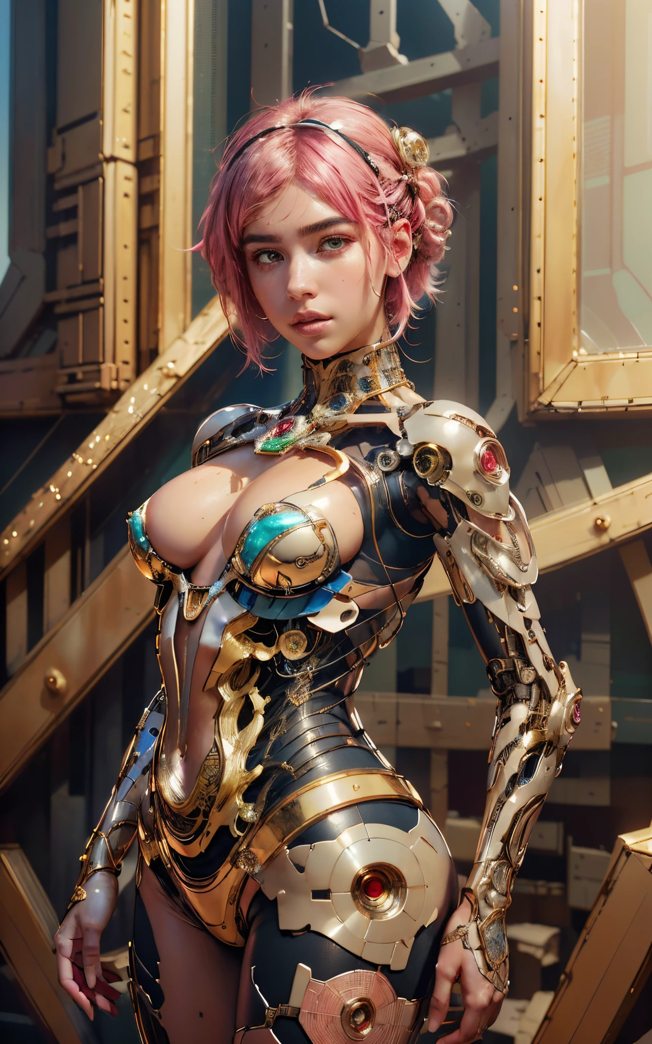 8k portrait of beautiful (cyborg) with pink hair, (Dua Lipa) , mecha musume scifi body suit, pauldrons, intricate, elegant, highly detailed, majestic, digital photography, art by artgerm and ruan jia and greg rutkowski surreal painting reflective, hairpin jewel, broken glass, (masterpiece, sidelighting, finely detailed beautiful eyes: 1.2), hdr,