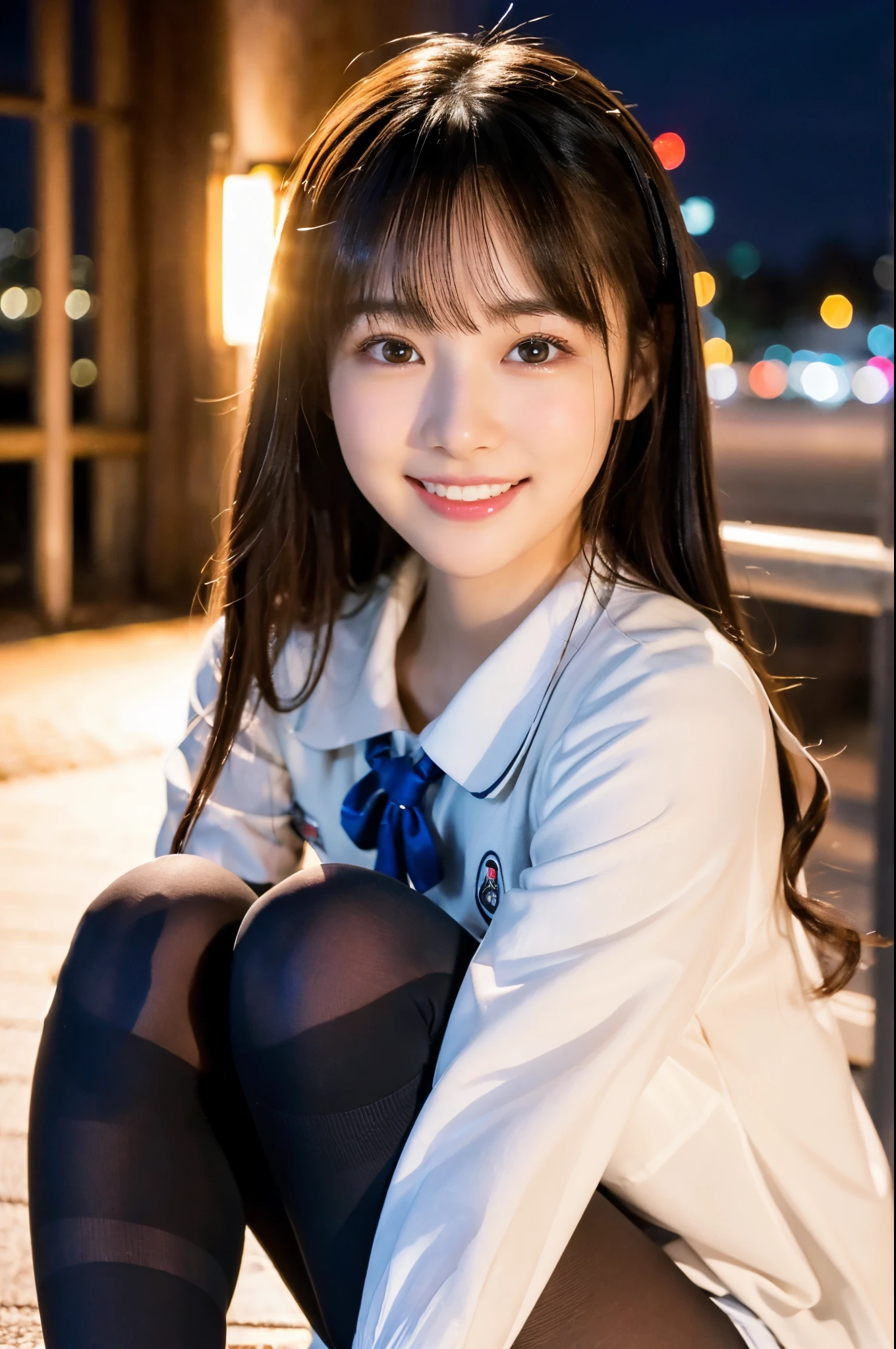 ulzzang -6500-v1.1, (Raw photo:1.2), (Photorealsitic), a beautiful detailed girl, (Real: 1.4), extremely detailed eye and face, ((Japan School Uniforms、Super realistic black tights))、((nightcity:1.2)), squatting、selfee, Instagram、game_nffsw, huge filesize, hight resolution, ighly detailed, top-quality, [​masterpiece:1.6], illustratio, ighly detailed, nffsw, finely detail, top-quality, 8k wallpaper, Cinematographic lighting, 1girl in, 17 age, perfect body type, cute droopy eyes beautiful big eyes、Pieckfinger, ((masutepiece)), Best Quality, 1girl in, eye shadow,  Portrait, ((FULL BODYSHOT:1.4))、(Very affectionate smile:1.2)、realistic skin textures、shinny skin、Exposed thighs!!!