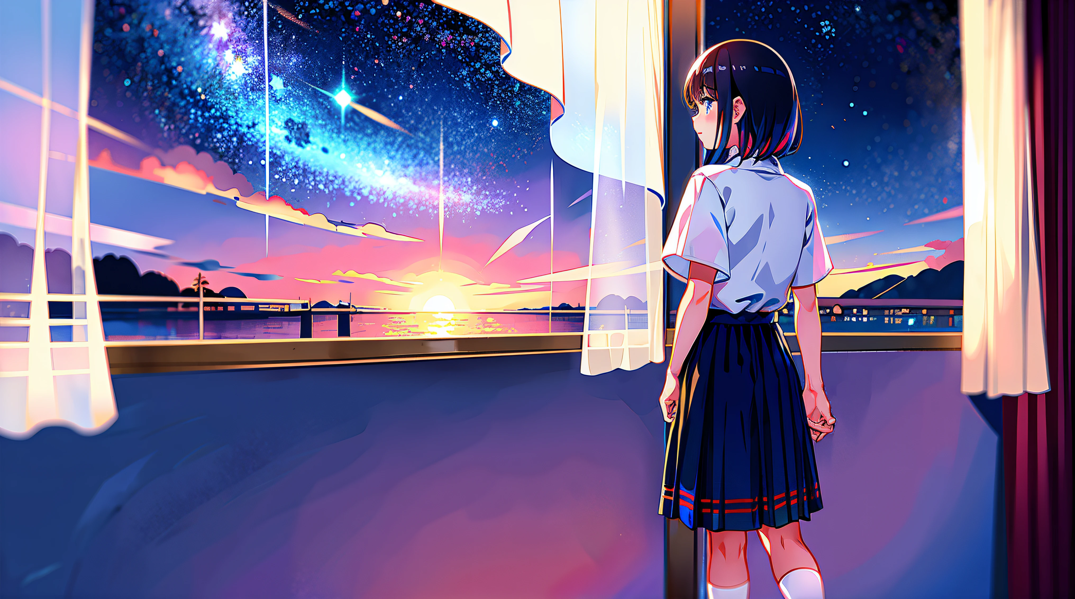 tmasterpiece， Best quality， Haberrufs， 1个Giant Breast Girl， 独奏， Flowers， a skirt， Inside the room， scenecy， natta， janeuthor：bangrunette colored hair， Black socks， looking at viewert， bblurry， vague background， The stands up， ， nigh sky， horizon， As estrelas， Solitude，