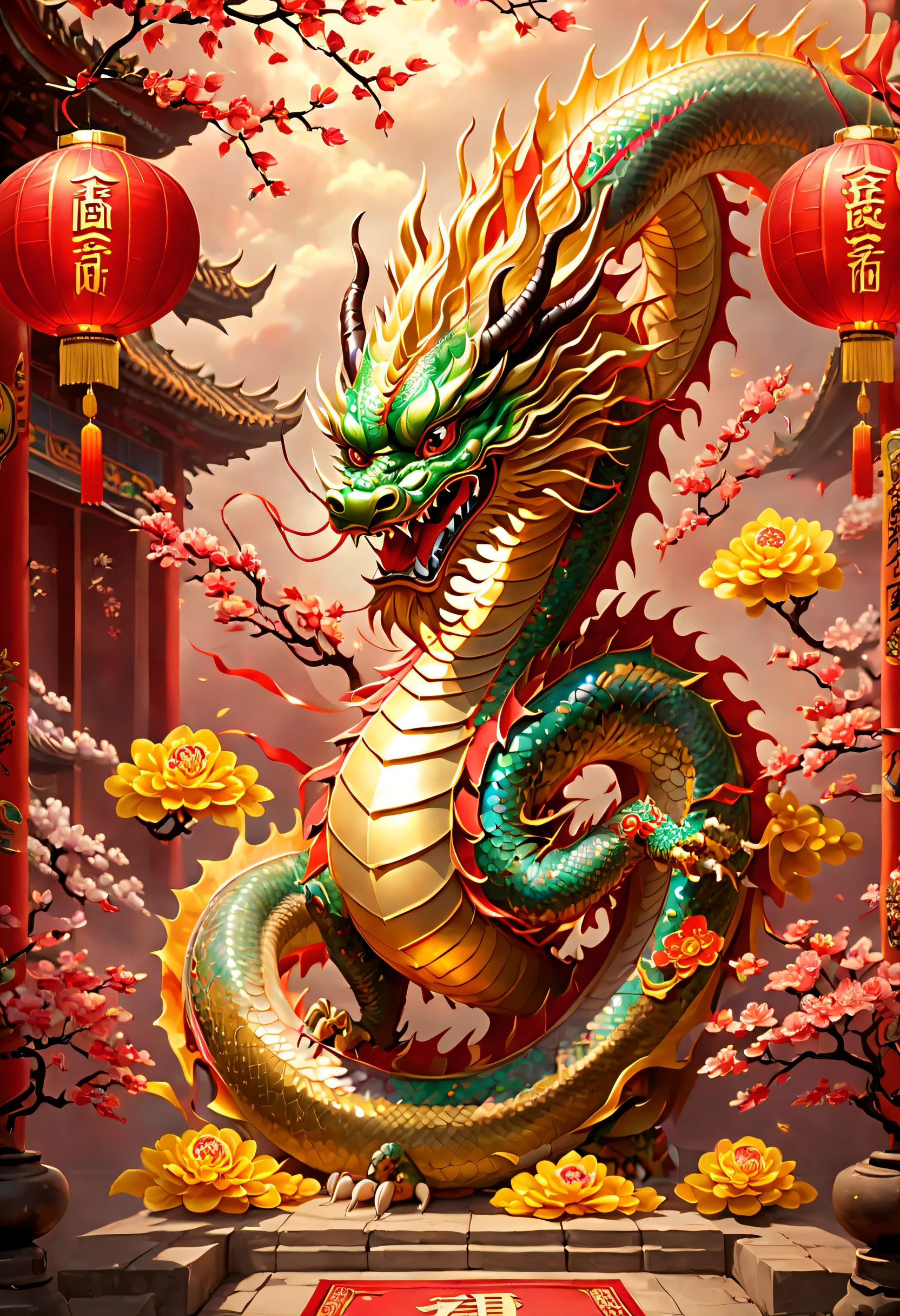 3D character rendering，((In the center of the picture，A gorgeous Chinese dragon  displayed in front of people，This dragon&#39;s scales sparkle，Wearing colorful dragon robe，Precious gems and jewels are embedded everywhere，Shimmering with dazzling light。dragon silk&#39;Body covered with exquisite embroidery，outline auspicious clouds、Gourd auspicious pattern，Showing a strong flavor of traditional Chinese culture))，((Around the dragon，Red couplets hung high on the lintel，The first couplet says &cite;golden dragon welcomes spring&cite;，The second line reads &cite;Full of blessings&cite;，dignified handwriting、neat，It means the joy and beauty of the new year。The walls of the Dragon Queen are filled with gold flowers and lantern calendars.，Reflect the festive atmosphere)), (((In Dragon&#39;the feet，A row of shiny firecrackers scattered on the ground，Smells like an explosion，It seems to be celebrating the arrival of the New Year。And next to the dragon，A group of children gathers，Holding colorful red envelopes in hand，Bless each other with smiles on their faces: 1.5), ((Chinese element background，Auspicious cloud background)), Pop Mart blind box, 3 Rendering