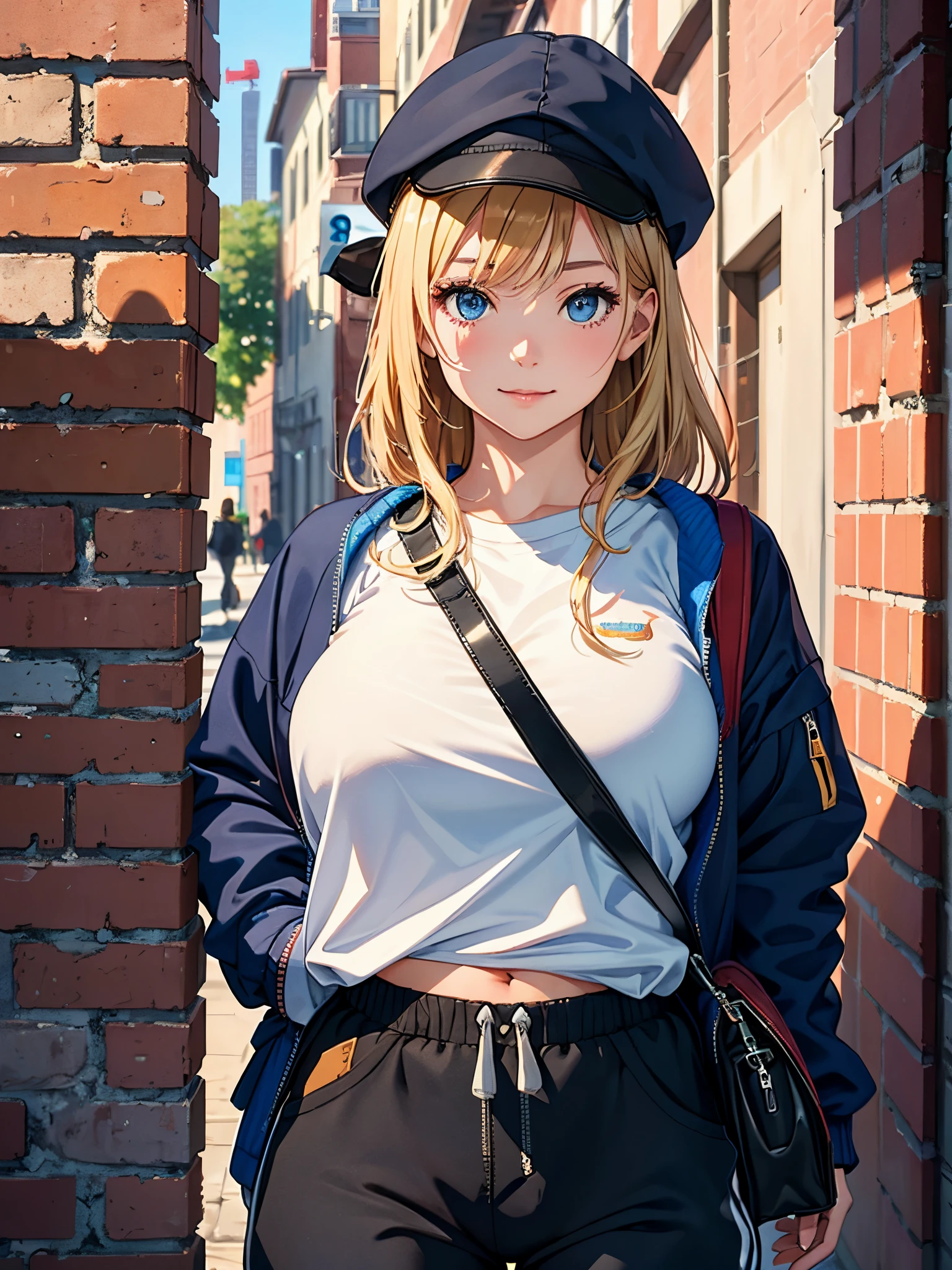 ((Best Quality, 8K, Masterpiece:1.3)), (Focus: 1.2), (Perfect Body Beauty, Photorealistic: 1.4), (Best Quality), (Best Shadow), Detailed, Perfect Lighting, (depth of field:1.3),
BREAK
1girl, solo, blonde hair, little smile, blue eyes, Swept bangs, big breasts, perfect anatomy, (10 heads tall),
BREAK
stand against the brick wall, looking away, upper body, ((blue baggy college jacket)), (sweatshirt), (a girl's crossbody bag), knit hat, sneakers, (black tracksuit pants)