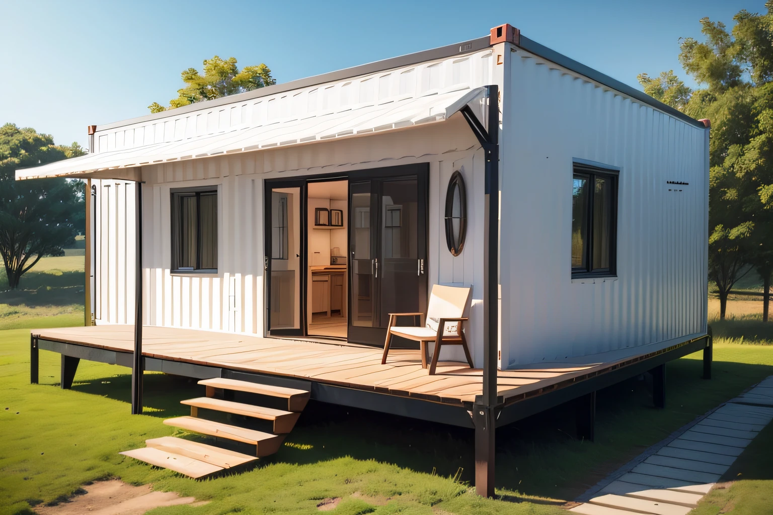 container house that folds by the side. The entrance  in front and it has a small window. 40ft wide container. cozy home, well equipped with aplliances. countryside background