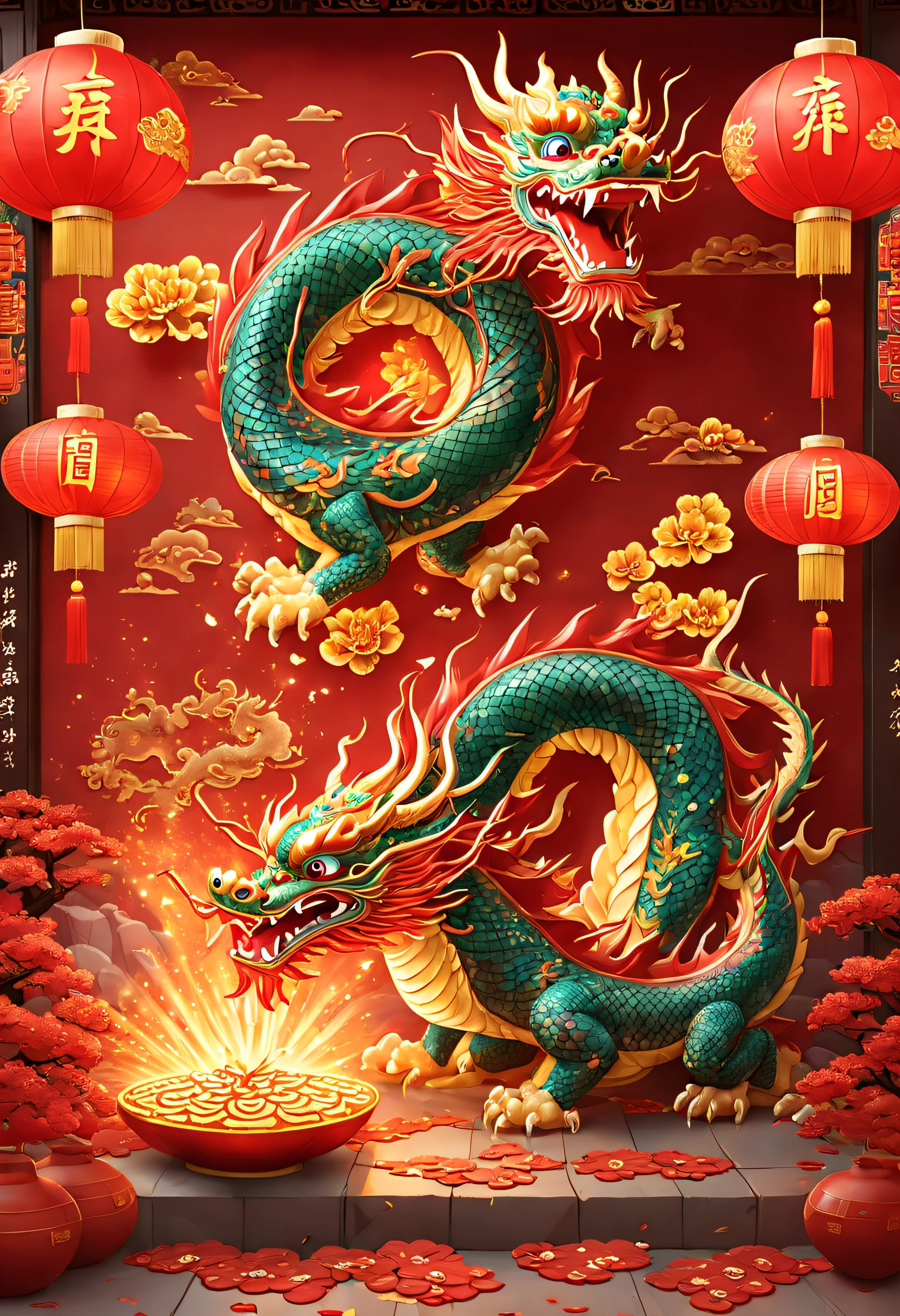 3D character rendering,((In the center of the picture,A gorgeous Chinese dragon displayed in front of people,This dragon's scales sparkle,Wearing colorful dragon robe,Precious gems and jewels are embedded everywhere,Shimmering with dazzling light。dragon silk'Body covered with exquisite embroidery,outline auspicious clouds、Gourd auspicious pattern,Showing a strong flavor of traditional Chinese culture)),((Around the dragon,Red couplets hung high on the lintel,The walls of the Dragon Queen are filled with gold flowers and lantern calendars,Reflect the festive atmosphere)), (((In Dragon'the feet,A row of shiny firecrackers scattered on the ground。And next to the dragon,A group of gathers,Holding colorful red envelopes in hand,A smile on his face,bless each other))), (full bodyesbian: 1.5), ((Chinese element background,Auspicious cloud background)), Pop Mart blind box, 3 Rendering