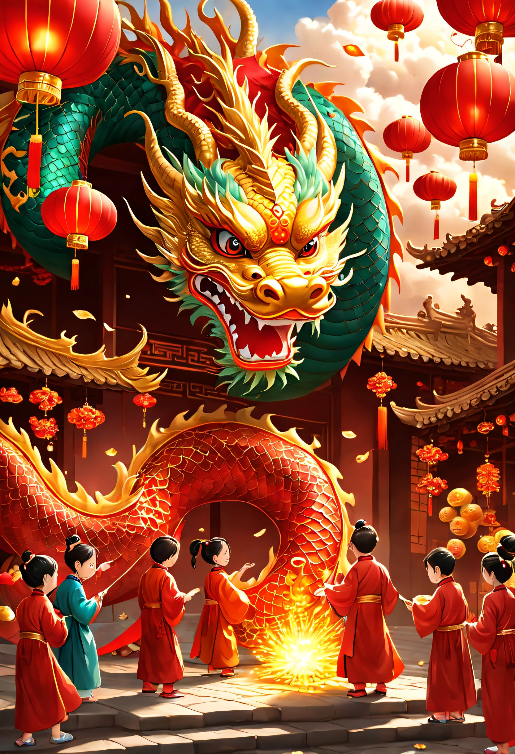 3D character rendering，((In the center of the picture，A gorgeous Chinese dragon  displayed in front of people，This dragon&#39;s scales sparkle，Wearing colorful dragon robe，Precious gems and jewels are embedded everywhere，Shimmering with dazzling light。dragon silk&#39;Body covered with exquisite embroidery，outline auspicious clouds、Gourd auspicious pattern，Showing a strong flavor of traditional Chinese culture))，((Around the dragon，Red couplets hung high on the lintel，The first couplet says &cite;golden dragon welcomes spring&cite;，The second line reads &cite;Full of blessings&cite;，dignified handwriting、neat，It means the joy and beauty of the new year。The walls of the Dragon Queen are filled with gold flowers and lantern calendars.，Reflect the festive atmosphere)), (((In Dragon&#39;the feet，A row of shiny firecrackers scattered on the ground，Smells like an explosion，It seems to be celebrating the arrival of the New Year。And next to the dragon，A group of children gathers，Holding colorful red envelopes in hand，Bless each other with smiles on their faces: 1.5), ((Chinese element background，Auspicious cloud background)), (Perspectives, first person perspective, Ghibltyle colors, Luminism, 电影灯光, hyper HD, tmasterpiece, acurate, Anatomically correct, ctextured skin, super detailing, high detal, high qulity, Award-Awarded, Best quality at best, 16k), Pop Mart blind box, 3 Rendering