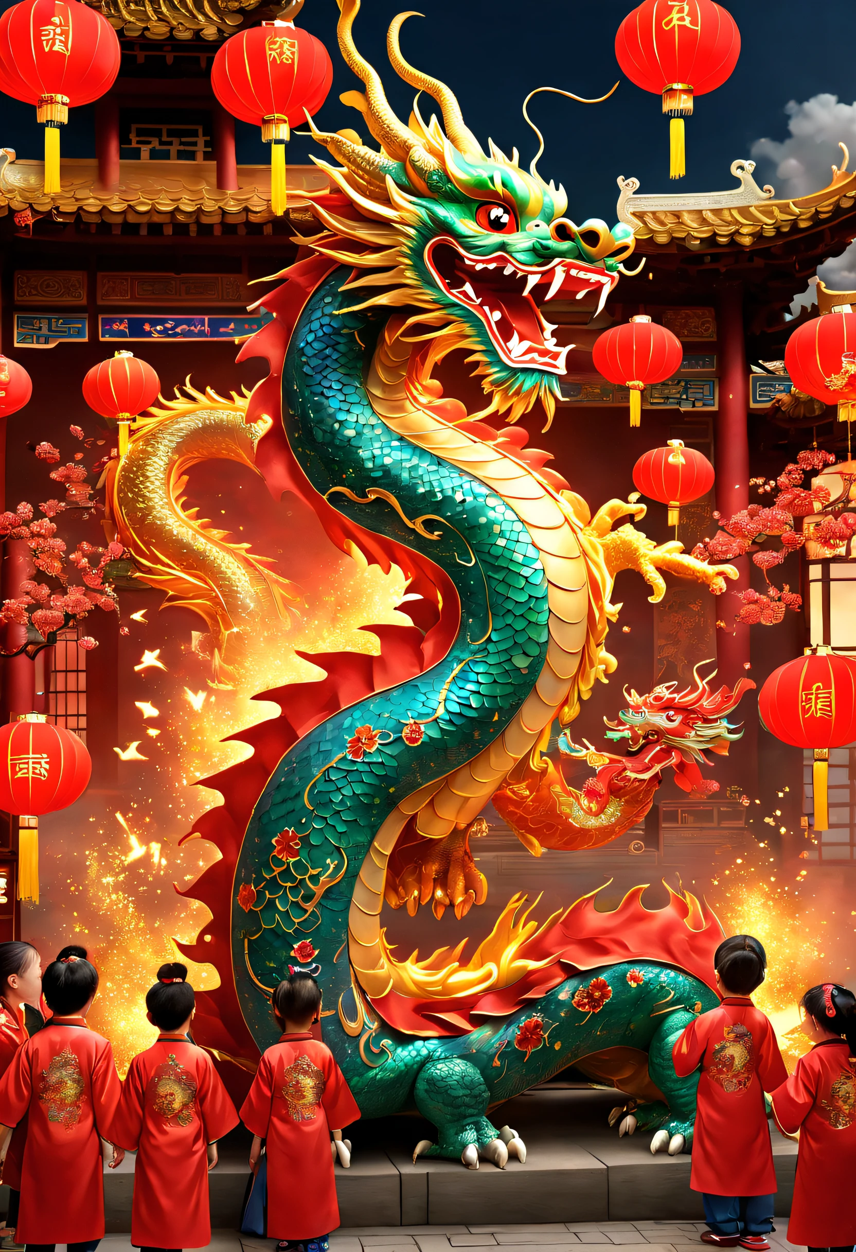 3D character rendering，((In the center of the picture，A gorgeous Chinese dragon  displayed in front of people，This dragon&#39;s scales sparkle，Wearing colorful dragon robe，Precious gems and jewels are embedded everywhere，Shimmering with dazzling light。dragon silk&#39;Body covered with exquisite embroidery，outline auspicious clouds、Gourd auspicious pattern，Showing a strong flavor of traditional Chinese culture))，((Around the dragon，Red couplets hung high on the lintel，The first couplet says &cite;golden dragon welcomes spring&cite;，The second line reads &cite;Full of blessings&cite;，dignified handwriting、neat，It means the joy and beauty of the new year。The walls of the Dragon Queen are filled with gold flowers and lantern calendars.，Reflect the festive atmosphere)), (((In Dragon&#39;the feet，A row of shiny firecrackers scattered on the ground，Smells like an explosion，It seems to be celebrating the arrival of the New Year。And next to the dragon，A group of children gathers，Holding colorful red envelopes in hand，Bless each other with smiles on their faces: 1.5), ((Chinese element background，Auspicious cloud background)), (Perspectives, first person perspective, Ghibltyle colors, Luminism, 电影灯光, hyper HD, tmasterpiece, acurate, Anatomically correct, ctextured skin, super detailing, high detal, high qulity, Award-Awarded, Best quality at best, 16k), Pop Mart blind box, 3 Rendering