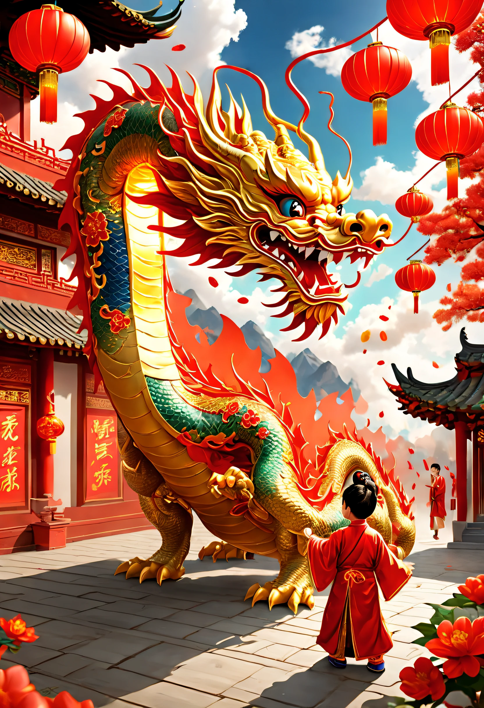 3D character rendering，((In the center of the picture，A gorgeous Chinese dragon  displayed in front of people，This dragon&#39;s scales sparkle，Wearing colorful dragon robe，Precious gems and jewels are embedded everywhere，Shimmering with dazzling light。dragon silk&#39;Body covered with exquisite embroidery，outline auspicious clouds、Gourd auspicious pattern，Showing a strong flavor of traditional Chinese culture))，((Around the dragon，Red couplets hung high on the lintel，The first couplet says &cite;golden dragon welcomes spring&cite;，The second line reads &cite;Full of blessings&cite;，dignified handwriting、neat，It means the joy and beauty of the new year。The walls of the Dragon Queen are filled with gold flowers and lantern calendars.，Reflect the festive atmosphere)), (((In Dragon&#39;the feet，A row of shiny firecrackers scattered on the ground，Smells like an explosion，It seems to be celebrating the arrival of the New Year。And next to the dragon，A group of children gathers，Holding colorful red envelopes in hand，Bless each other with smiles on their faces: 1.5), ((Chinese element background，Auspicious cloud background)), (Perspectives, first person perspective, Ghibltyle colors, Luminism, 电影灯光, hyper HD, tmasterpiece, acurate, Anatomically correct, ctextured skin, super detailing, high detal, high qulity, Award-Awarded, Best quality at best, 16k), Pop Mart blind box, 3 Rendering