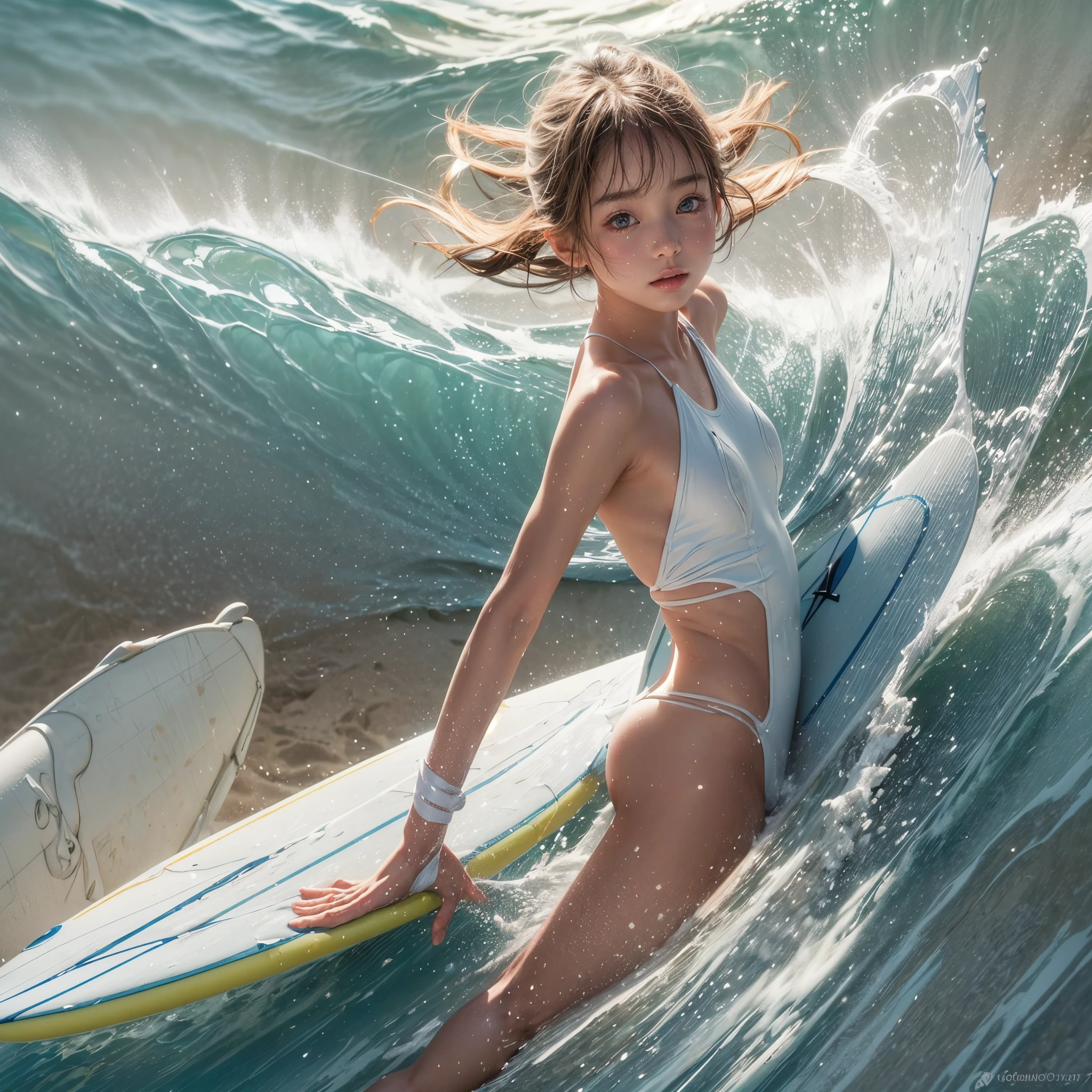 (((NSFW STILL SHOW, Acutance))), (a tiny Surfer girl in white swimsuits), (((engaged in the act of surfing))), glistening tanline, under the mesmerizing back lighting. They gracefully ride the powerful waves, showcasing their Beautiful body and acrobatic skills. creating a breathtaking and ethereal atmosphere. Whole Body proportions and all limbs are anatomically accurate . ((no extra arm))