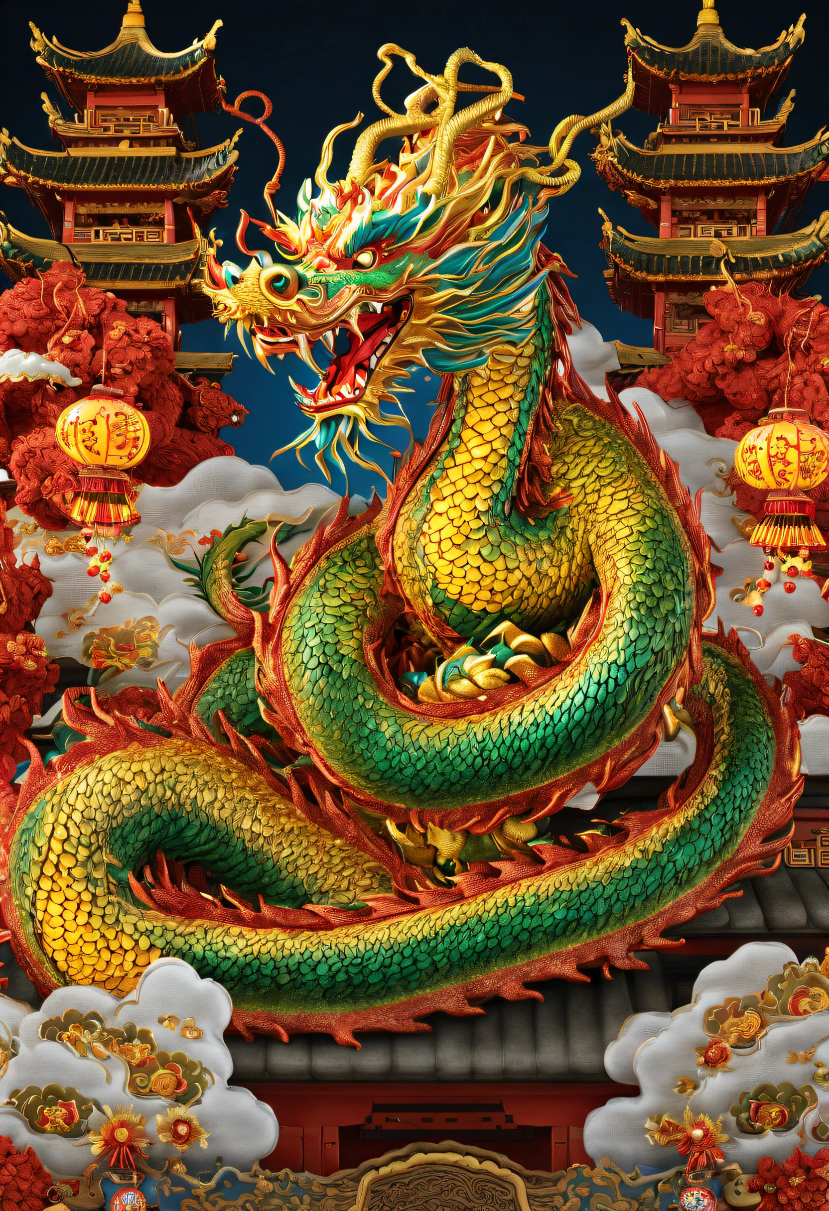 3D character rendering,((In the center of the picture,A gorgeous Chinese dragon displayed in front of people,This dragon's scales sparkle,Wearing colorful dragon robe,Precious gems and jewels are embedded everywhere,Shimmering with dazzling light。dragon silk'Body covered with exquisite embroidery,outline auspicious clouds、Gourd auspicious pattern,Showing a strong flavor of traditional Chinese culture)),((Around the dragon,Red couplets hung high on the lintel,The walls of the Dragon Queen are filled with gold flowers and lantern calendars.,Reflect the festive atmosphere)), (((In Dragon'the feet,A row of shiny firecrackers scattered on the ground,And next to the dragon,A group of gathers,Holding colorful red envelopes in hand,A smile on his face,bless each other))), (full bodyesbian: 1.5), ((Chinese element background,Auspicious cloud background)), (Perspectives, first person perspective, Ghibltyle colors, Luminism, 电影灯光, hyper HD, tmasterpiece, acurate, Anatomically correct, ctextured skin, super detailing, high detal, high qulity, Award-Awarded, Best quality at best, 16k), Pop Mart blind box, 3 Rendering