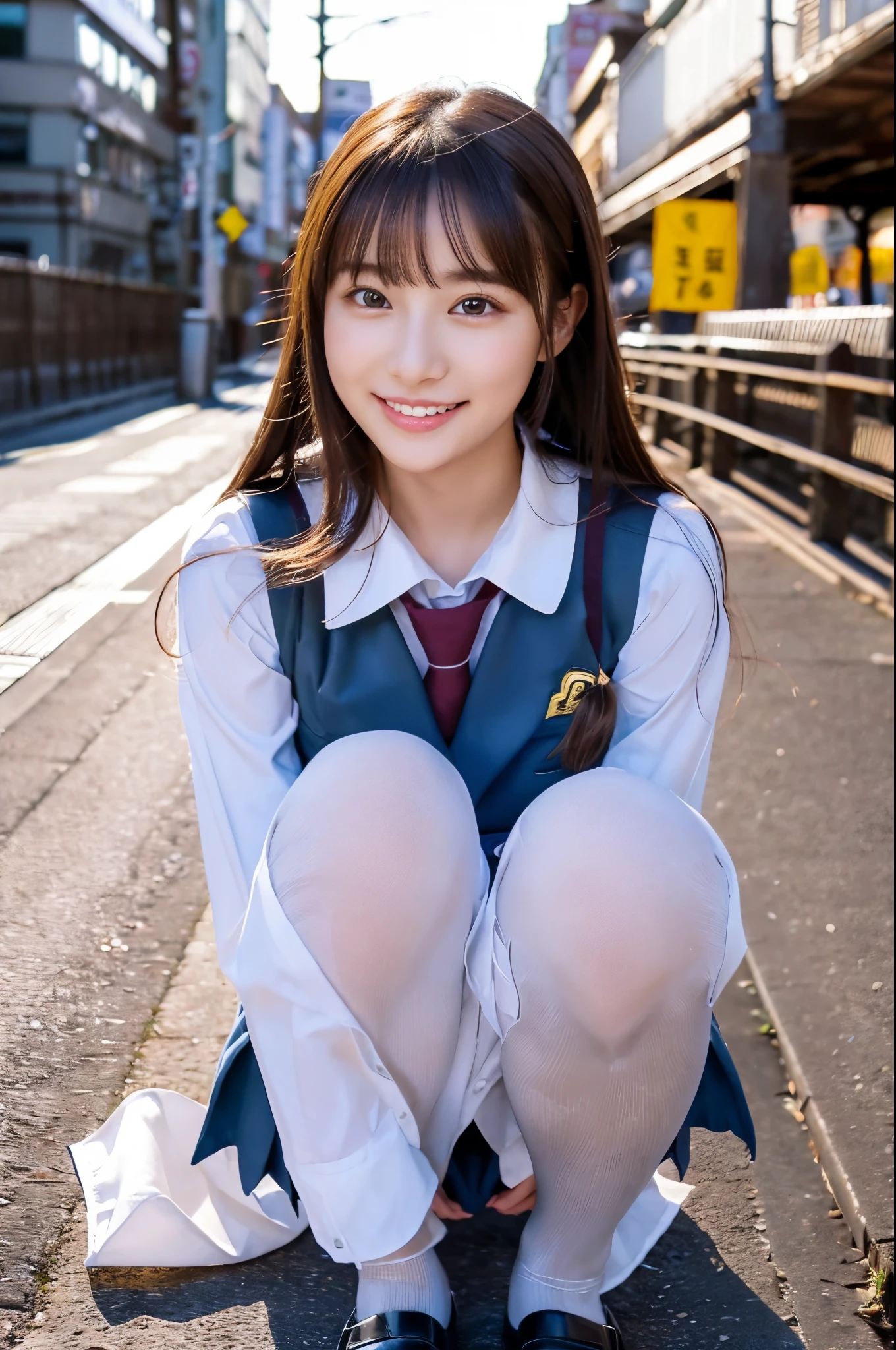ulzzang -6500-v1.1, (Raw photo:1.2), (Photorealsitic), a beautiful detailed girl, (Real: 1.4), extremely detailed eye and face, ((Japan School Uniforms、super realistic pantyhose:1.2))、((nightcity:1.2)), Squatting、selfee, Instagram、game_nffsw, huge filesize, hight resolution, ighly detailed, top-quality, [​masterpiece:1.6], illustratio, ighly detailed, nffsw, finely detail, top-quality, 8k wallpaper, Cinematographic lighting, 1girl in, , perfect body type, cute droopy eyes beautiful big eyes、Pieckfinger, ((masutepiece)), Best Quality, 1girl in, eye shadow,  Portrait, ((FULL BODYSHOT:1.4))、(Very affectionate smile:1.2)、realistic skin textures、shinny skin、Exposed thighs!!!