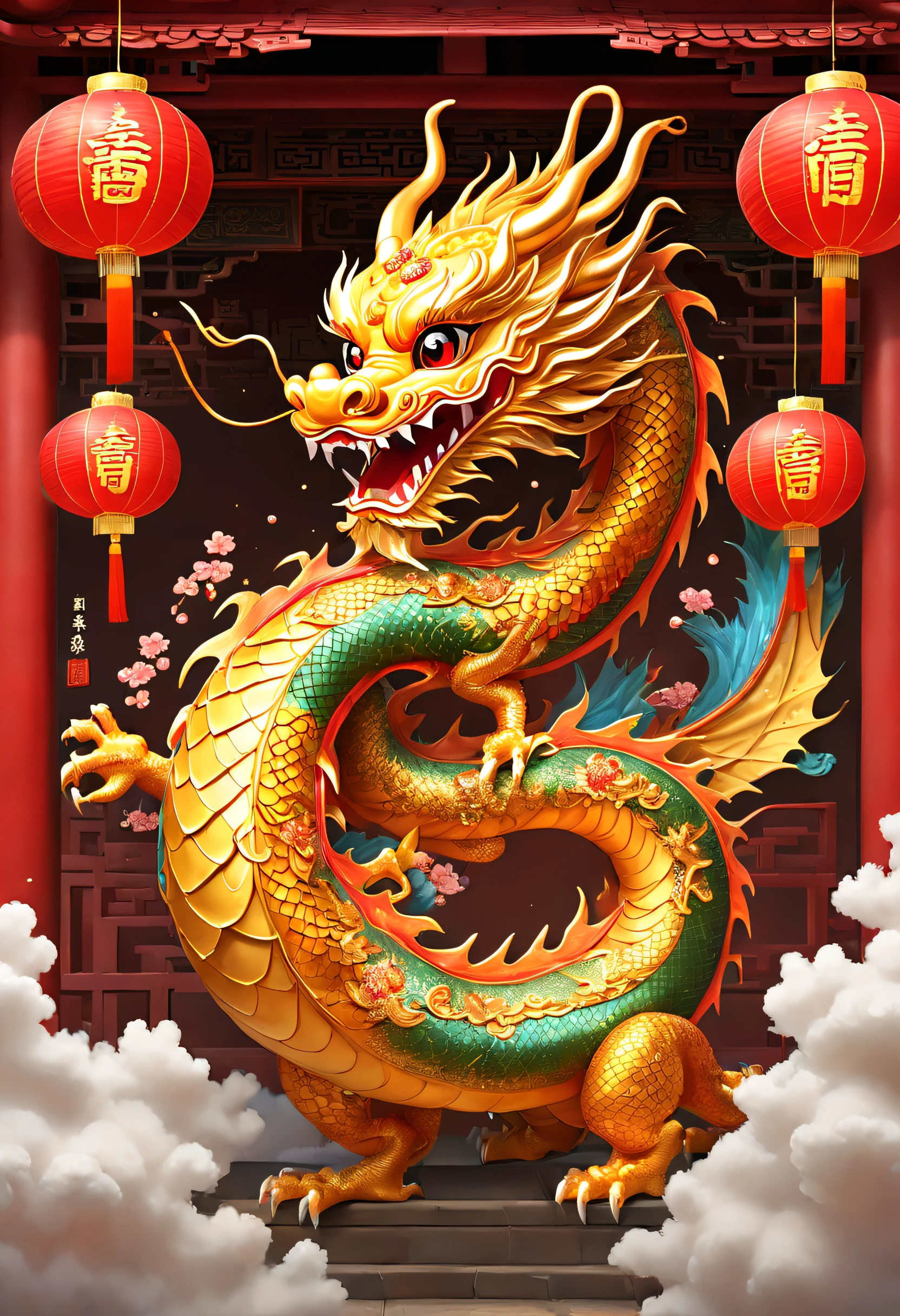 3D character rendering,((In the center of the picture,A gorgeous Chinese dragon displayed in front of people,This dragon's scales sparkle,Wearing colorful dragon robe,Precious gems and jewels are embedded everywhere,Shimmering with dazzling light。dragon silk'Body covered with exquisite embroidery,outline auspicious clouds、Gourd auspicious pattern,Showing a strong flavor of traditional Chinese culture)),((Around the dragon,Red couplets hung high on the lintel,The first couplet says &cite;golden dragon welcomes spring&cite;,The second line reads &cite;Full of blessings&cite;,dignified handwriting、neat,It means the joy and beauty of the new year。The walls of the Dragon Queen are filled with gold flowers and lantern calendars.,Reflect the festive atmosphere)), (((In Dragon'the feet,A row of shiny firecrackers scattered on the ground,Smells like an explosion,It seems to be celebrating the arrival of the New Year。And next to the dragon,A group of children gathers,Holding colorful red envelopes in hand,Bless each other with smiles on their faces: 1.5), ((Chinese element background,Auspicious cloud background)), (Perspectives, first person perspective, Ghibltyle colors, Luminism, 电影灯光, hyper HD, tmasterpiece, acurate, Anatomically correct, ctextured skin, super detailing, high detal, high qulity, Award-Awarded, Best quality at best, 16k), Pop Mart blind box, 3 Rendering