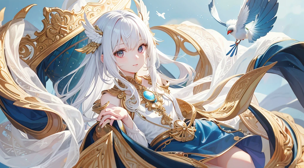 masutepiece、Good anatomy、Interdimensional space、(hands are accurate)、(extremely delicate and beautiful:1.2)、
8K、
(masterpiece:1.0)、
(best_quality:1.0)、Good anatomy、
女の子1人、
Intricate details、Enlarged texture、
intricate-detail、finely eye and detailed face、
intricate detailes、white hair、A slight smil、
perfect eyes、Equal eyes、goddes、(Staring Bird and Girl)
perfectbody、ighly detailed、Wearing a beautiful dress、jewely、(A cute little bird rides on a beautiful fingertip)、Hands are precise、Detailed fingertips